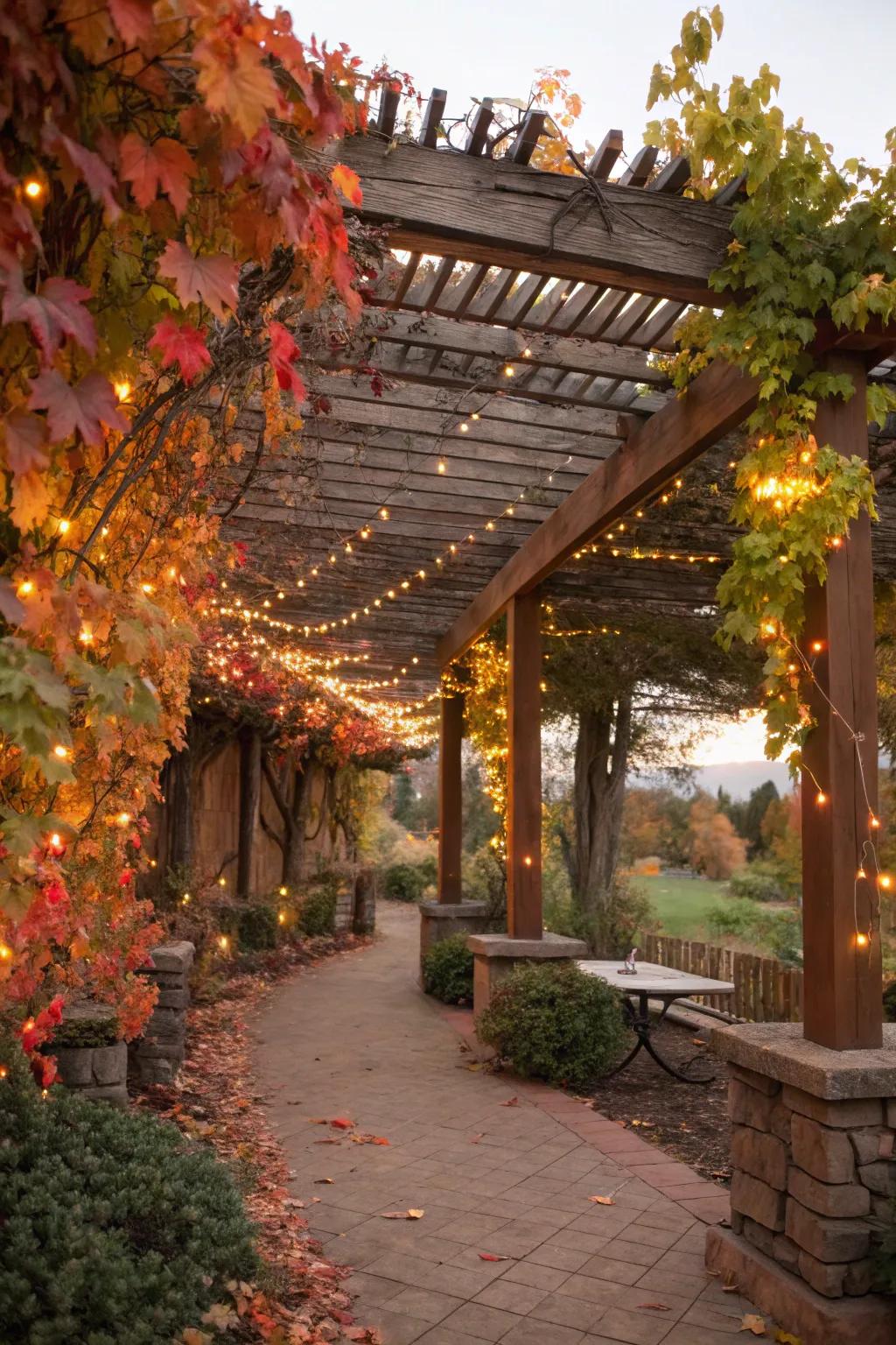 A pergola dressed in seasonal decor, inviting in every season.