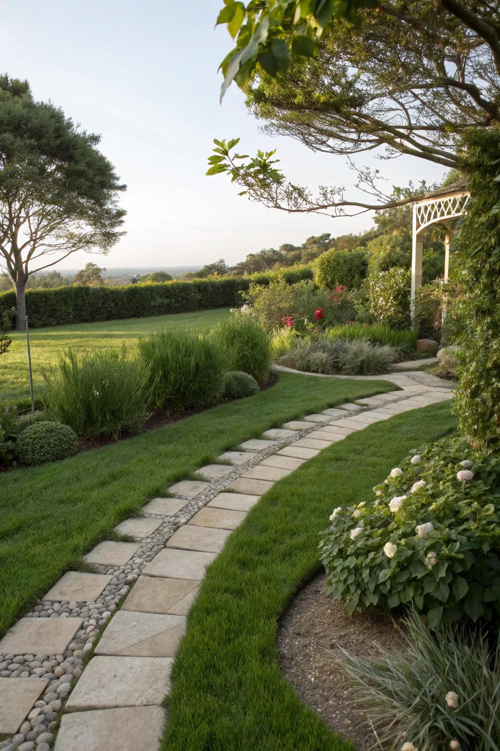 Create seamless transitions with natural edges using grass and pavers.