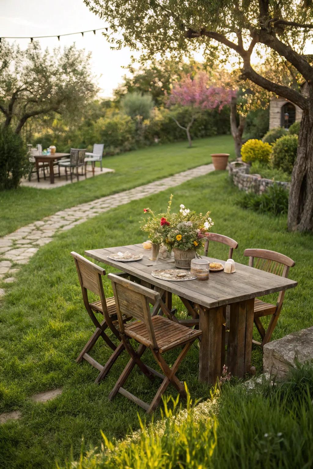 Dining alfresco on a grass patio is a delightful experience.
