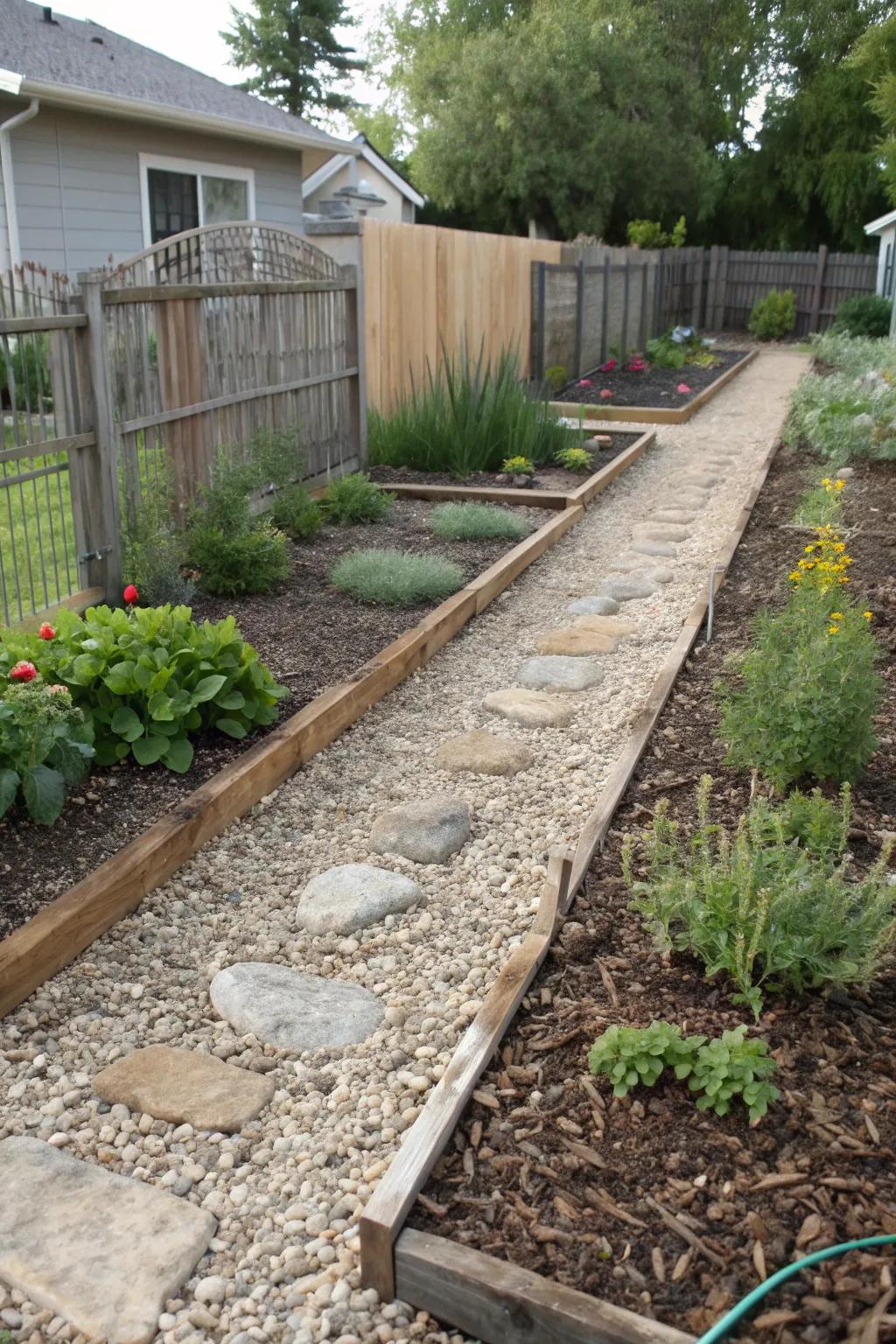Strategic use of gravel and mulch for better drainage.
