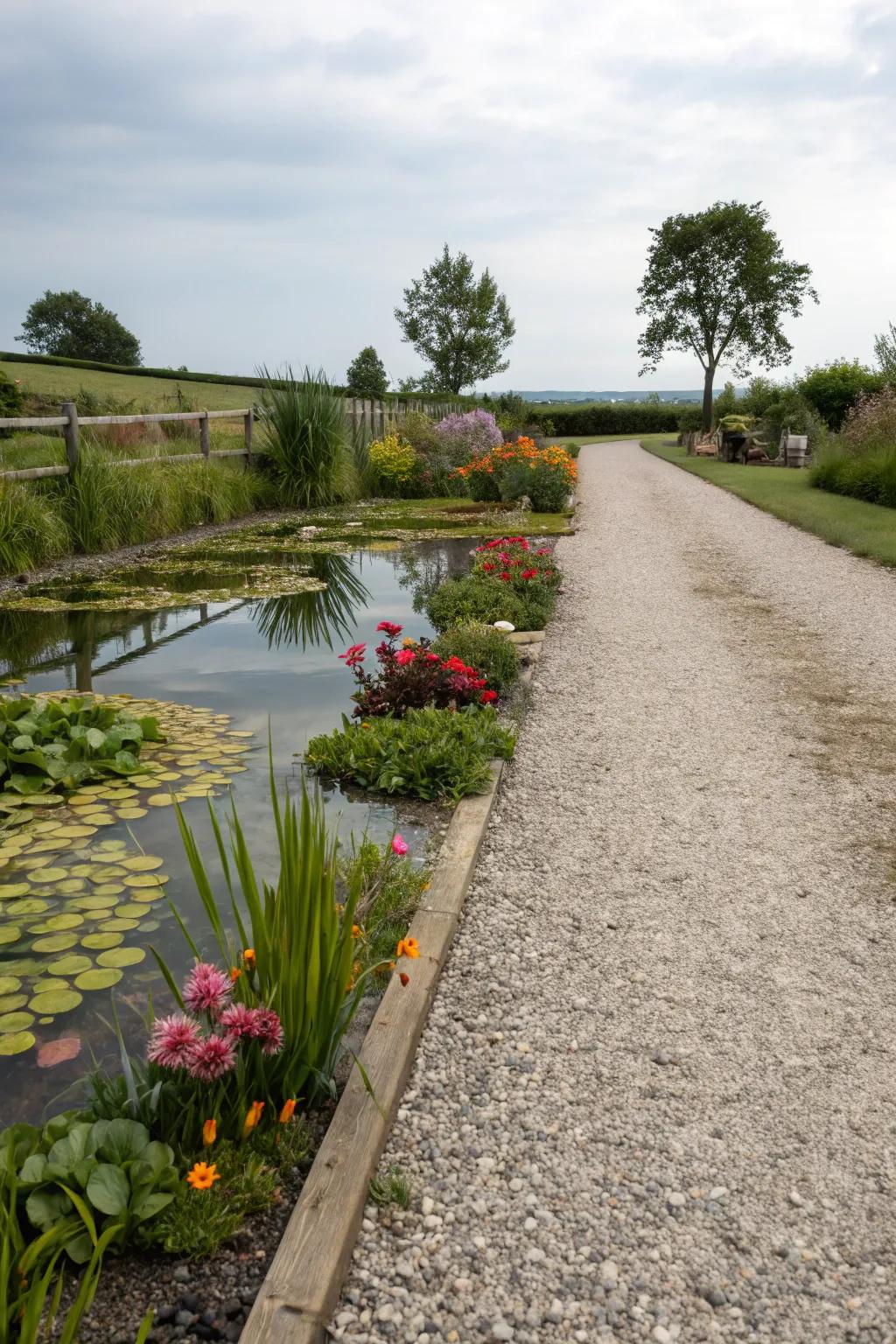 A serene water garden harmonizing with a gravel driveway.
