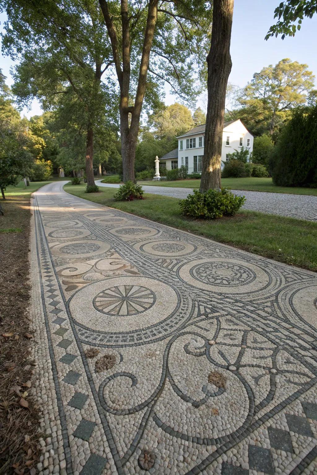 A gravel driveway featuring artistic mosaic patterns.
