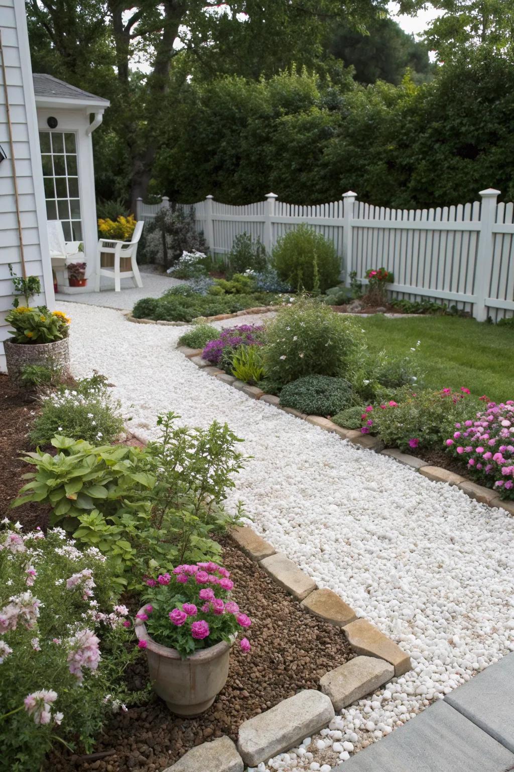 Gravel used as mulch for a cohesive look.