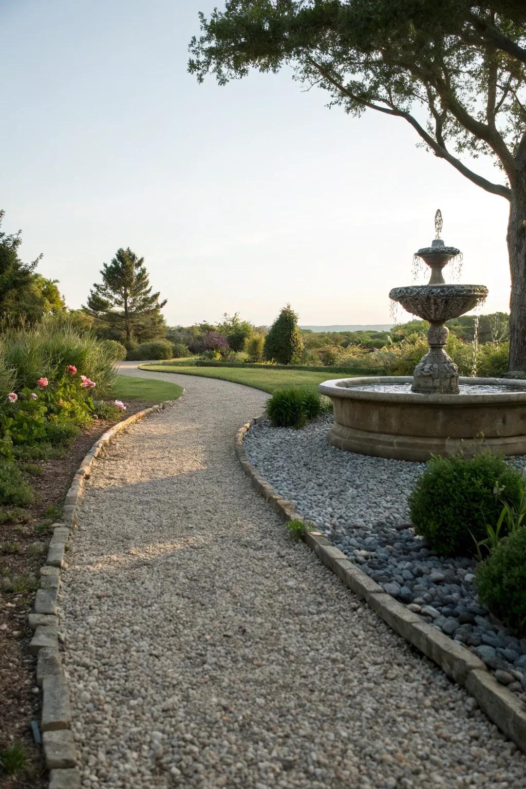 A serene gravel path complemented by a soothing water feature.