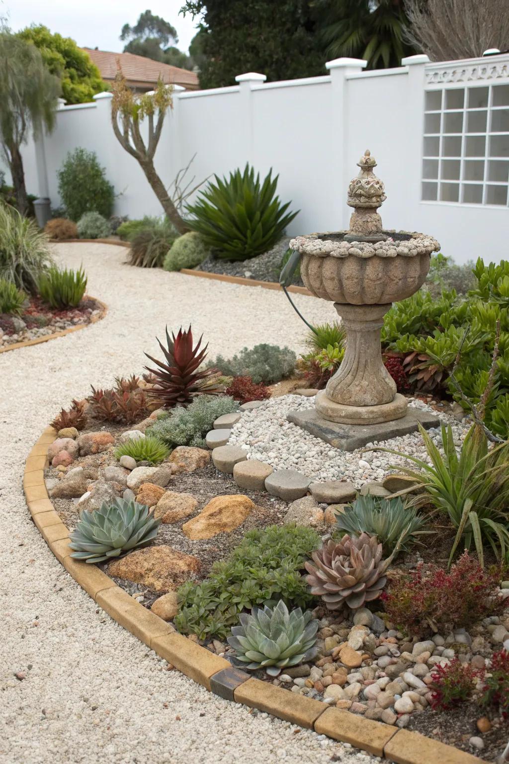 Artistic sculpture enhancing a gravel landscape.