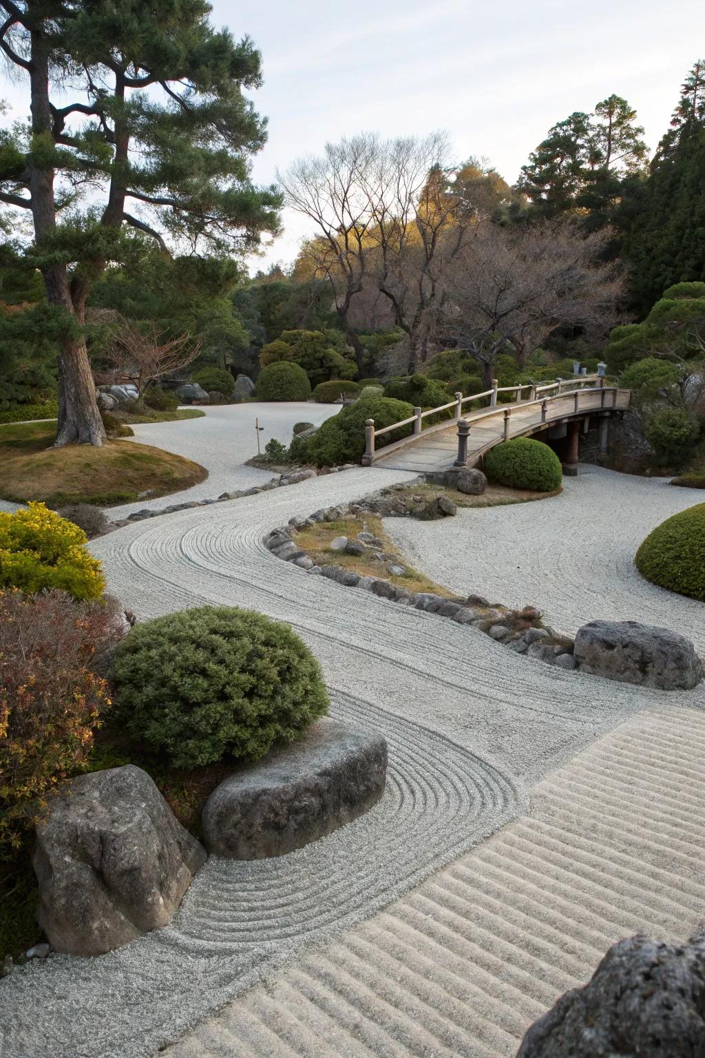 A serene Japanese Zen garden with a gravel path
