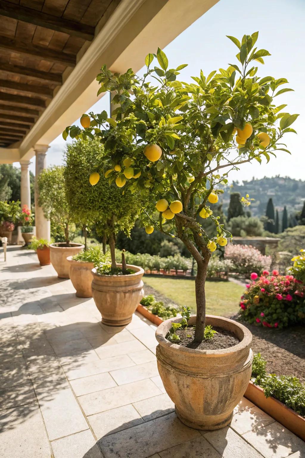 Potted citrus trees add color and fragrance to garden patios.