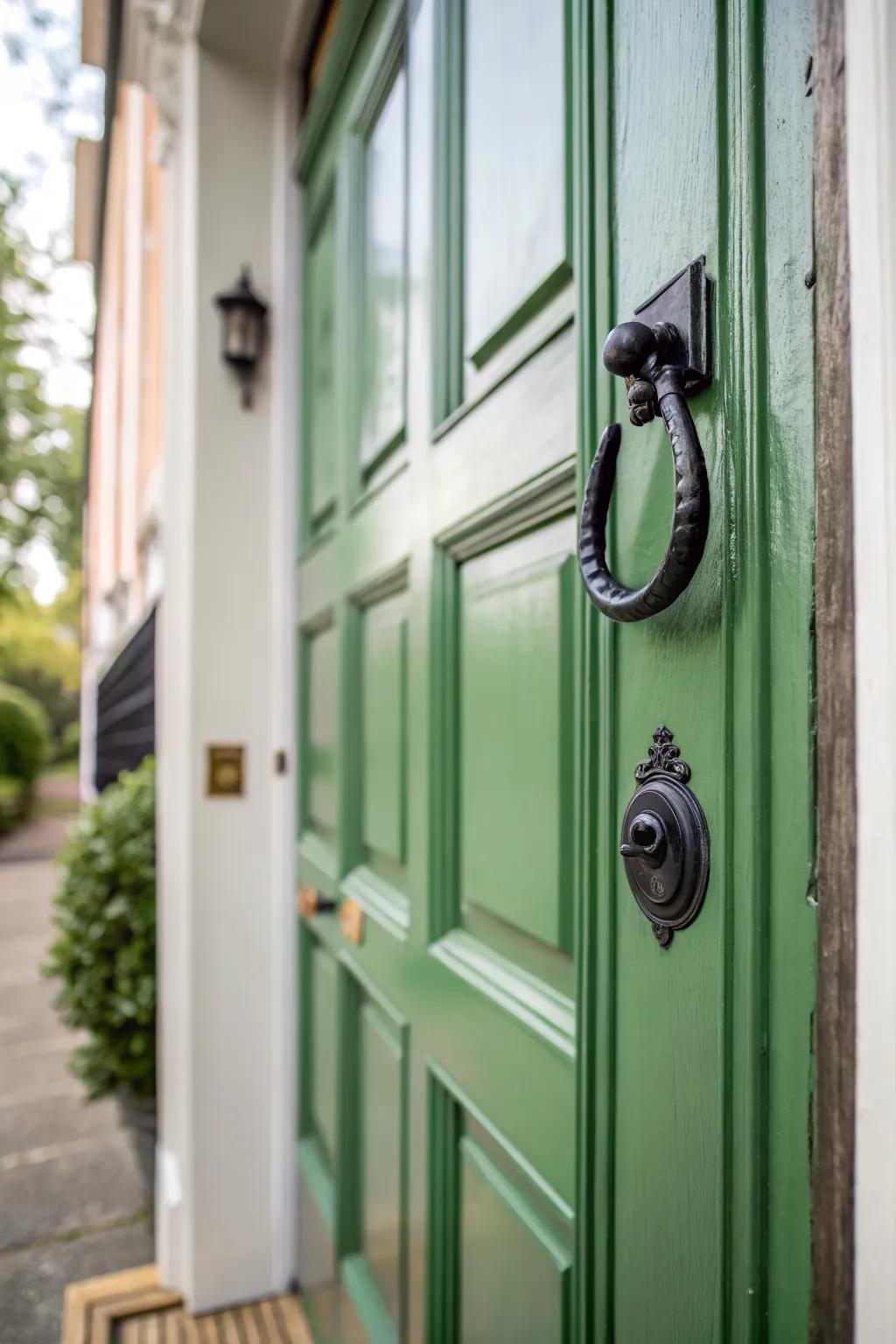 Minimalist hardware complements the simplicity of modern green doors.