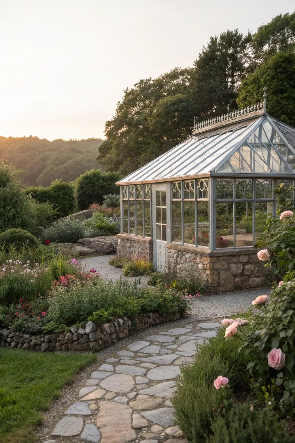Enhance elegance with a stone and pebble base for your greenhouse.
