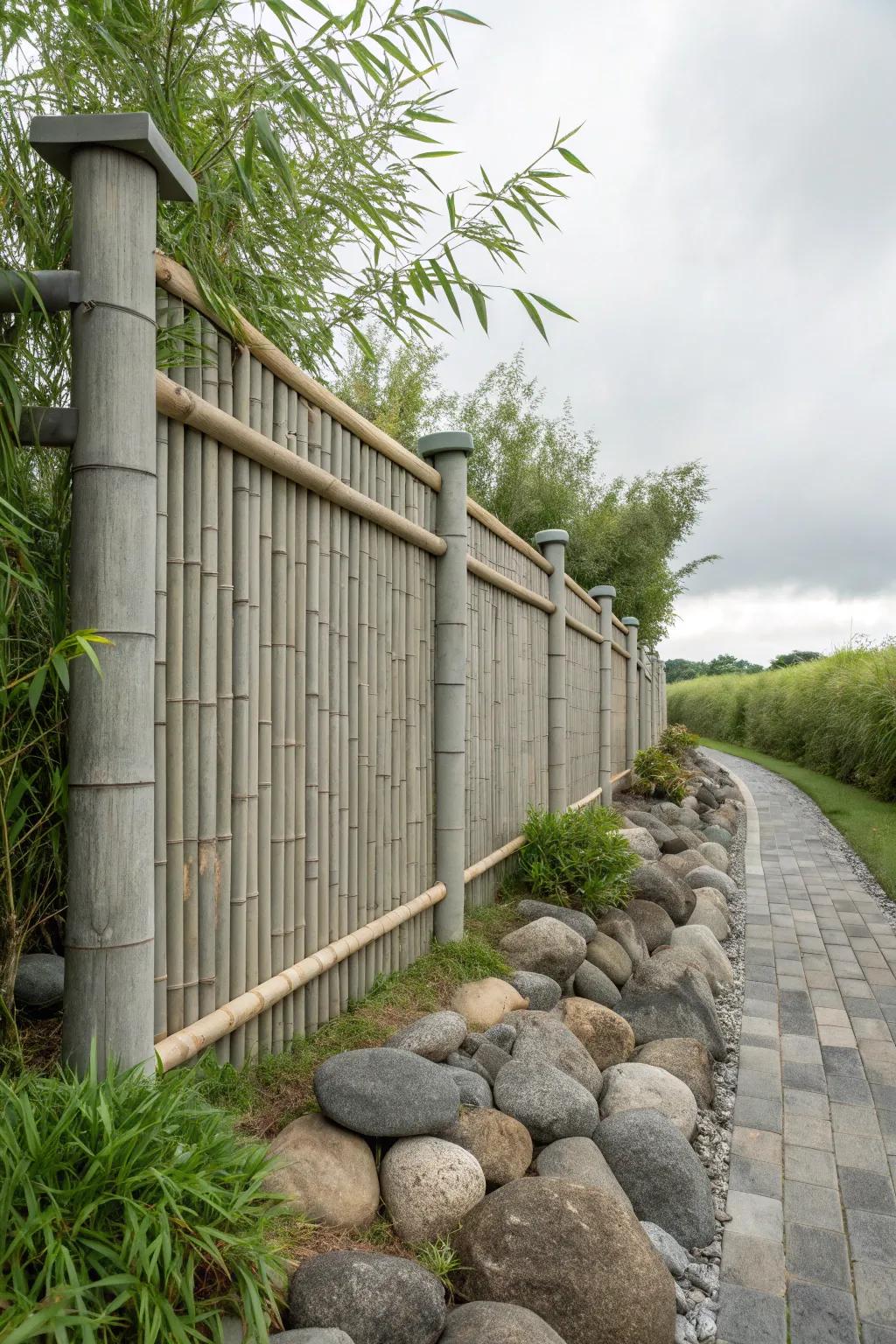Achieve natural harmony with grey fencing and organic materials.