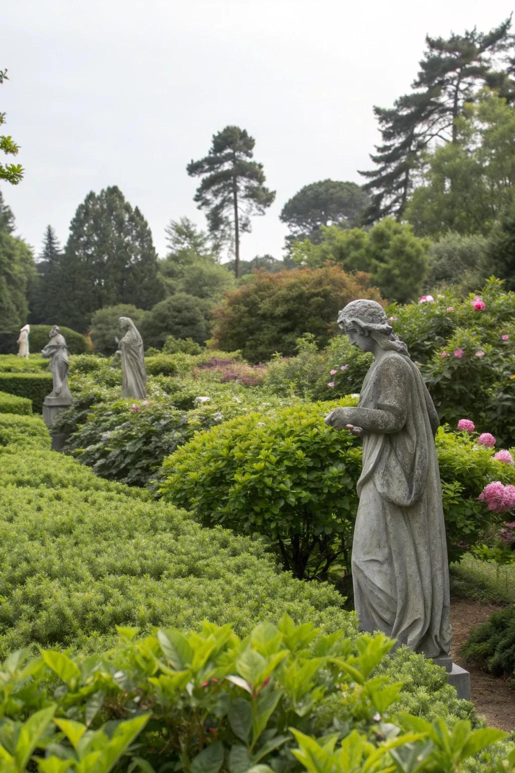Artful grey statues adding a touch of elegance and intrigue to a garden.