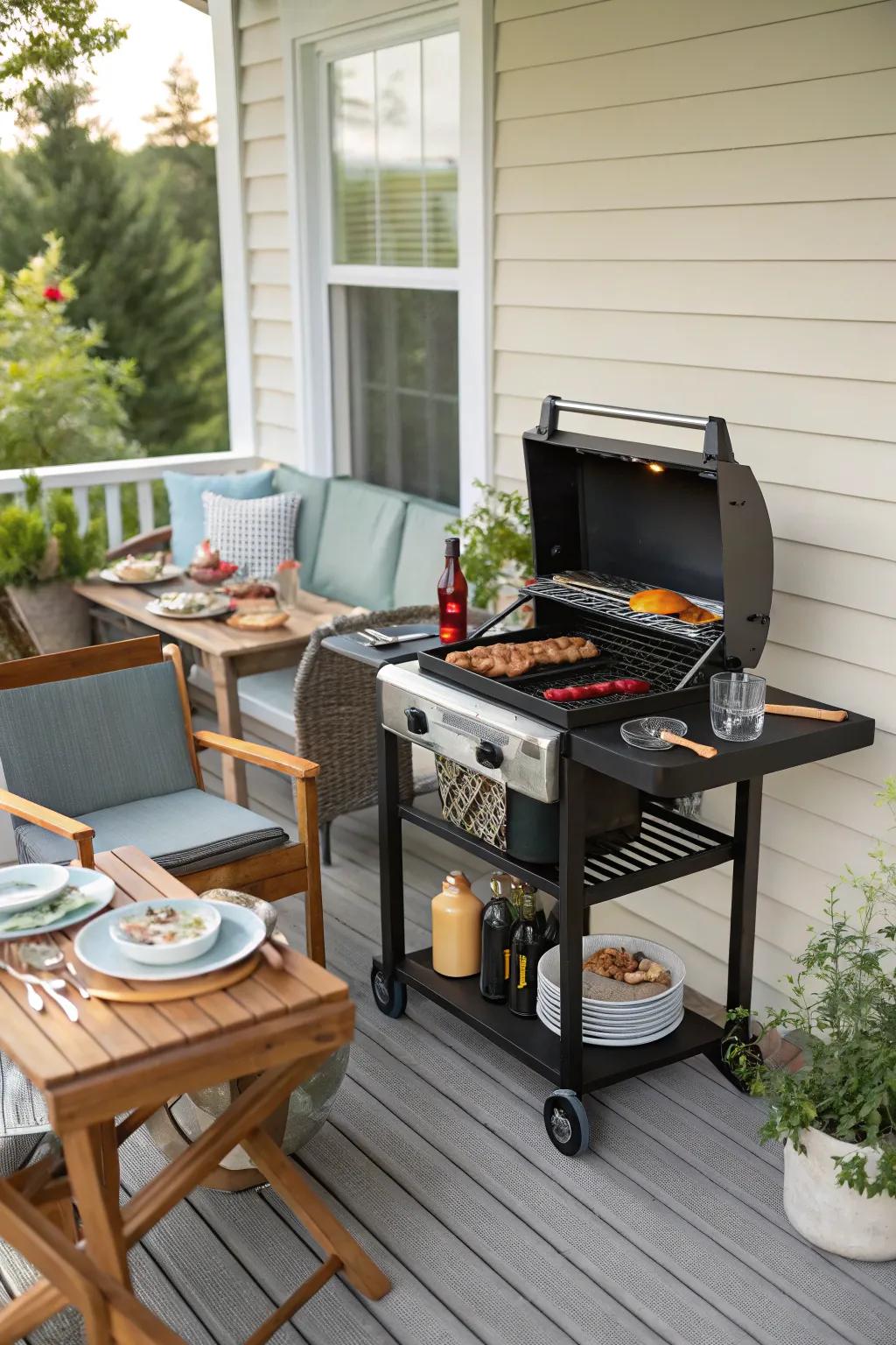 A portable grill cart offers mobility and ease.