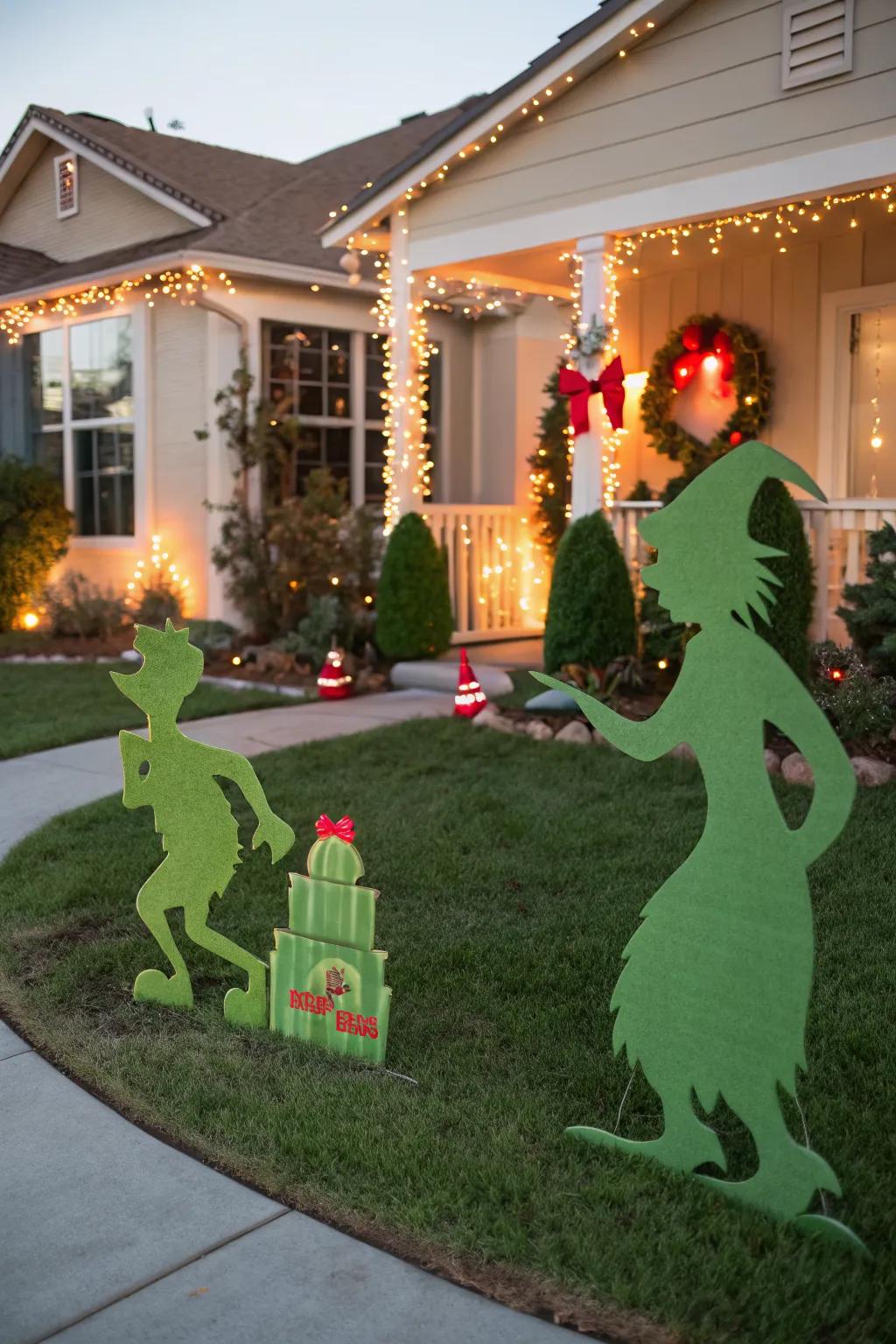 Grinch silhouette cutouts add mystery and charm to the yard.