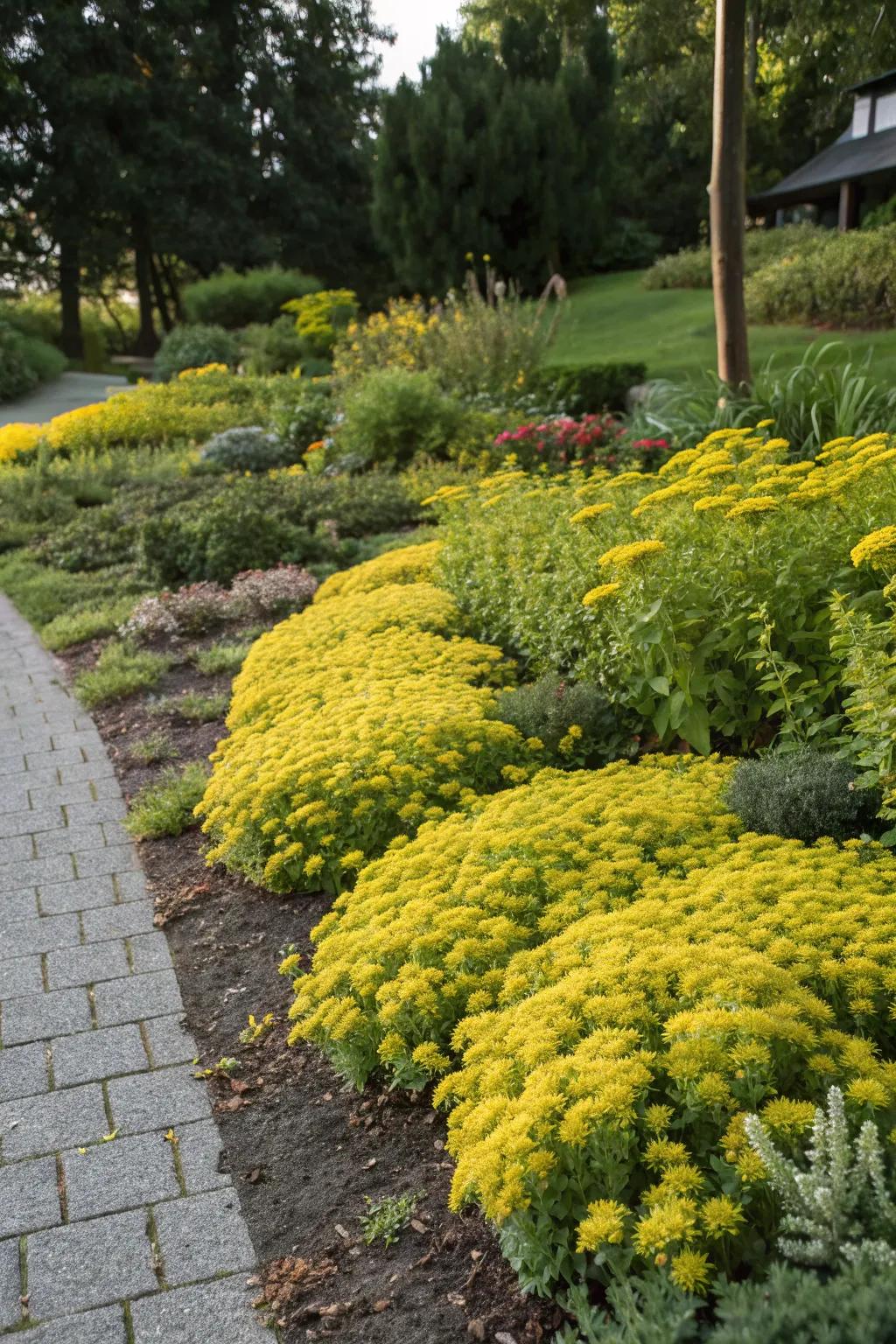 Golden carpet sedum provides a cheerful, low-maintenance ground cover.
