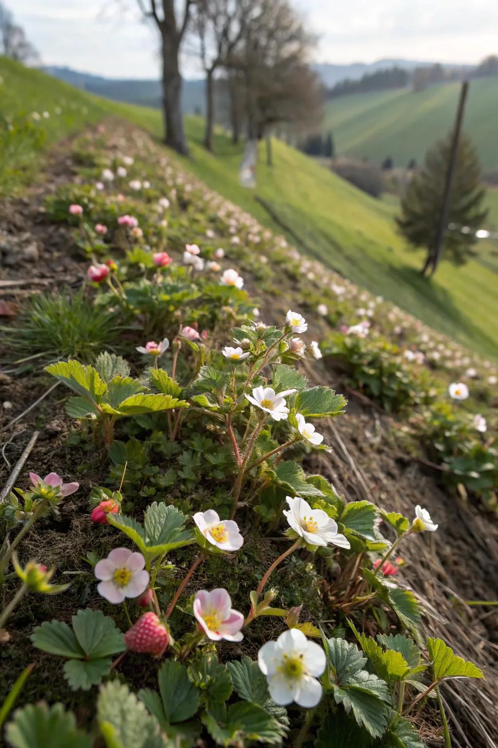 Barren strawberry provides vibrant ground cover with its lush foliage and flowers.