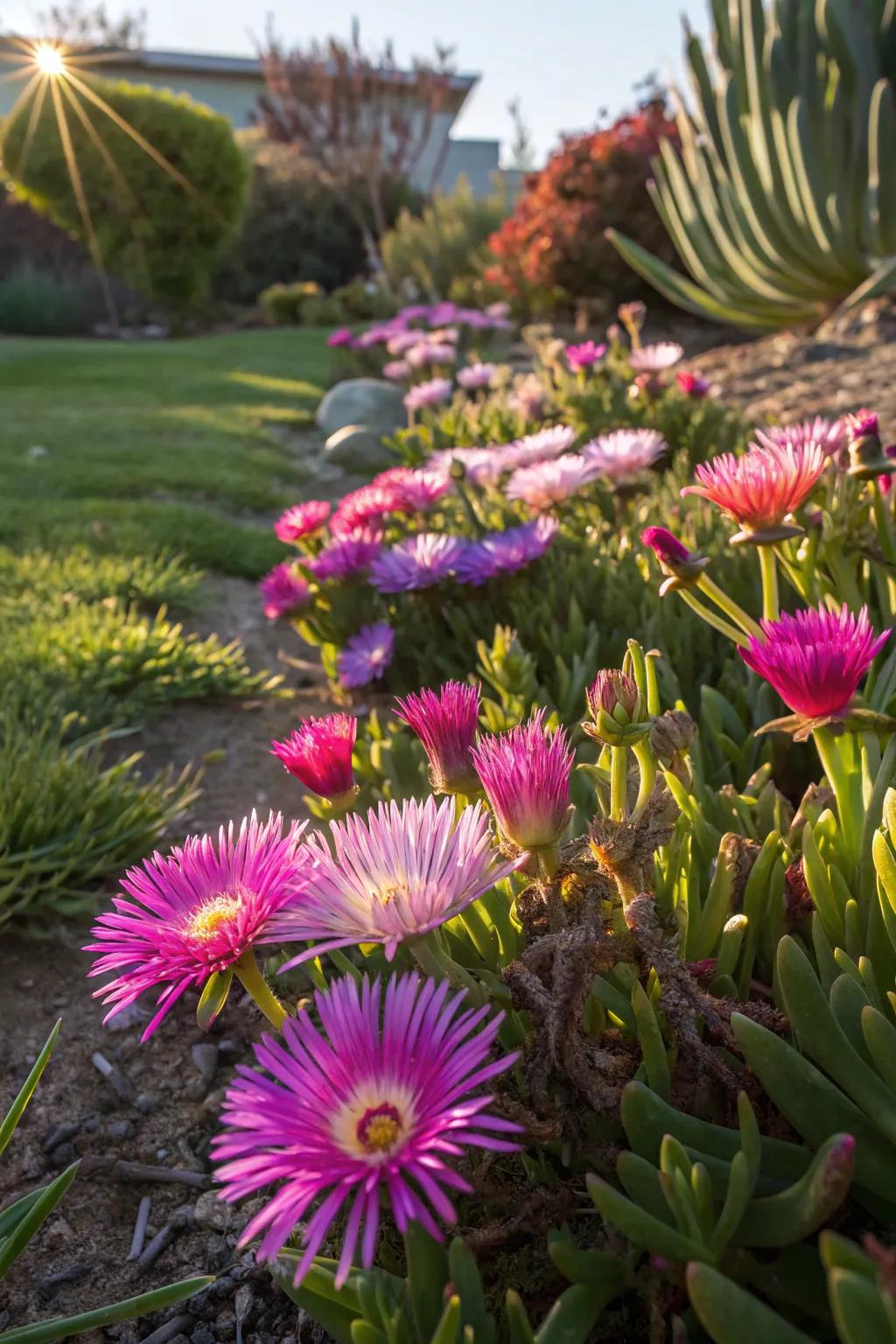 Bright ice plant flowers adding a pop of color to sun-drenched gardens.