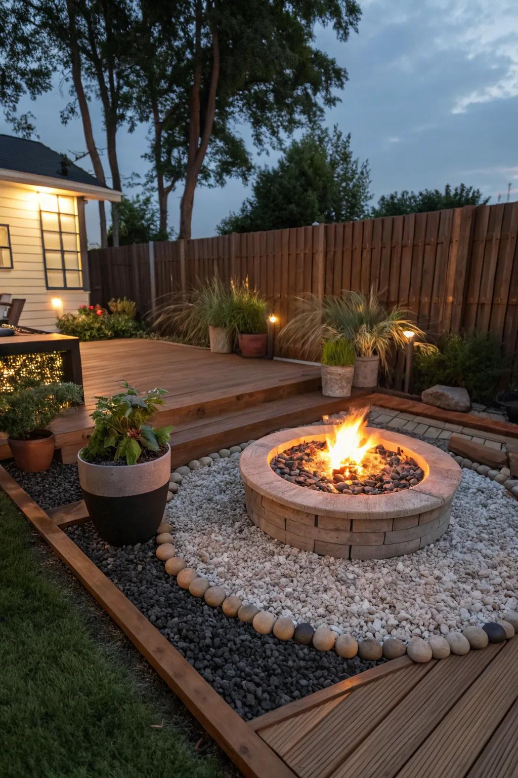 Decorative gravel enhances the deck's visual interest.