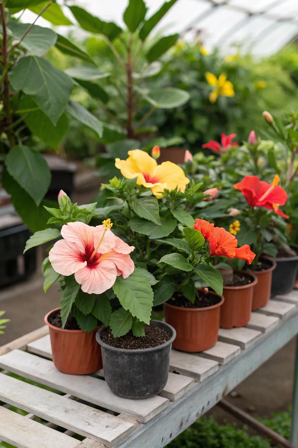 Clustered pots create a dynamic display of hibiscus varieties.