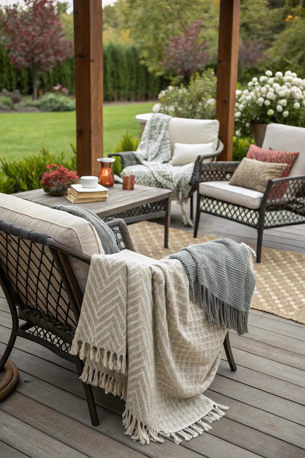 Layered textured throws add warmth and style to the patio.
