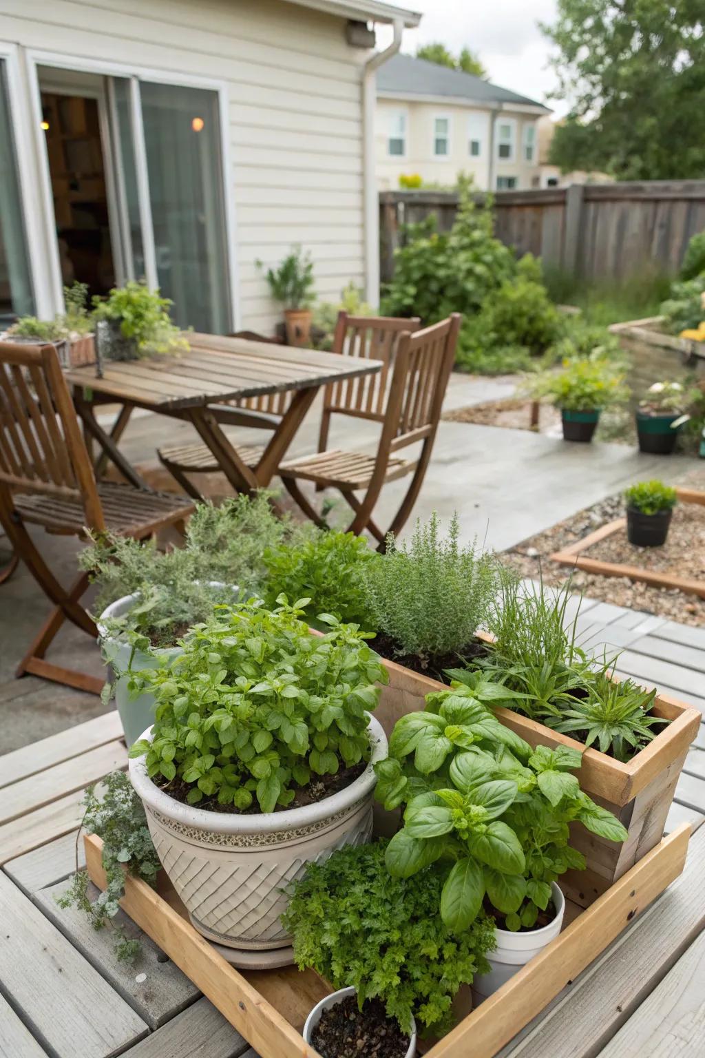 A herb garden adds practicality and charm to the patio.