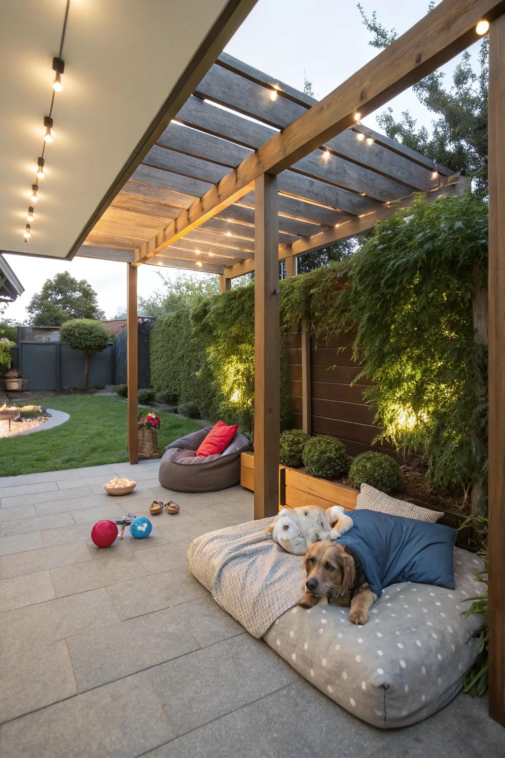 A cozy pet-friendly shelter under a half pergola.
