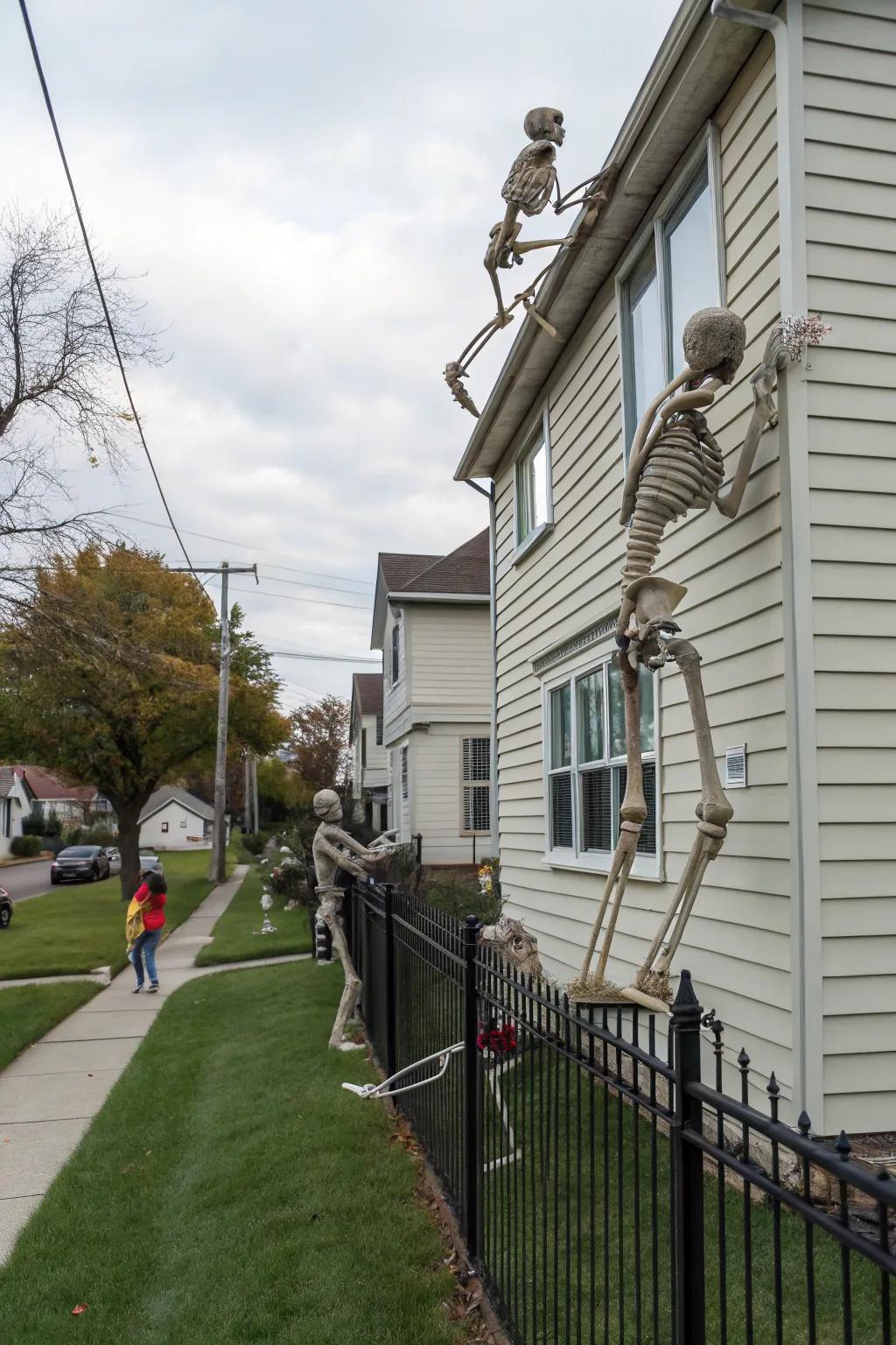 Wall-climbing skeletons add an unexpected twist to your Halloween decor.