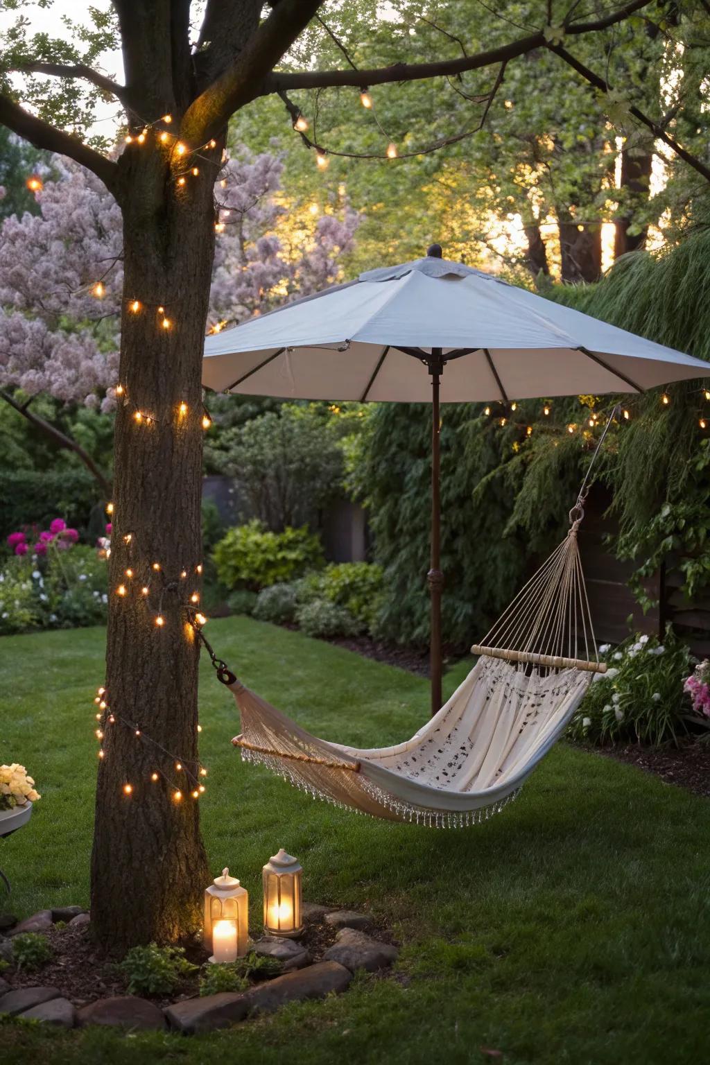 A solar-powered umbrella offers shade and sustainable lighting.