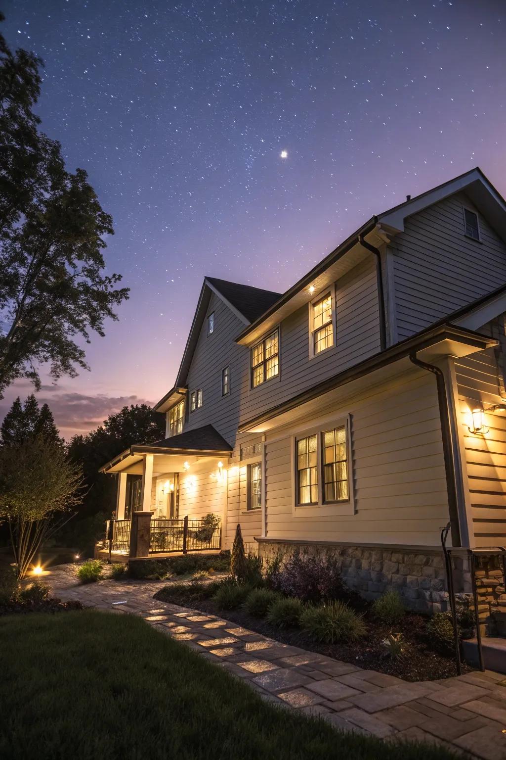 Outdoor lighting enhances siding textures and nighttime appeal.