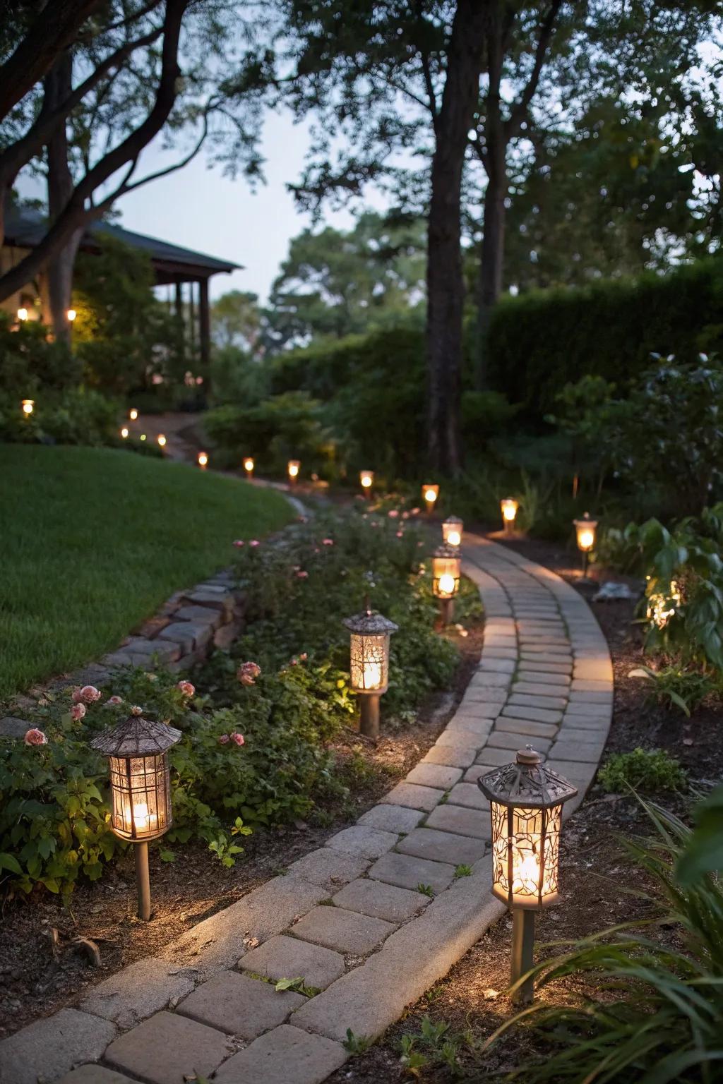 Flickering solar lights guide guests through your haunted garden.