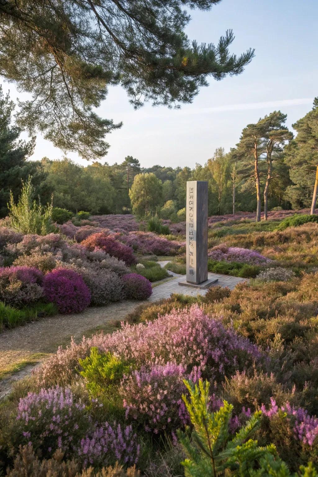 Sculptural elements enhance the artistic appeal of a heather garden.