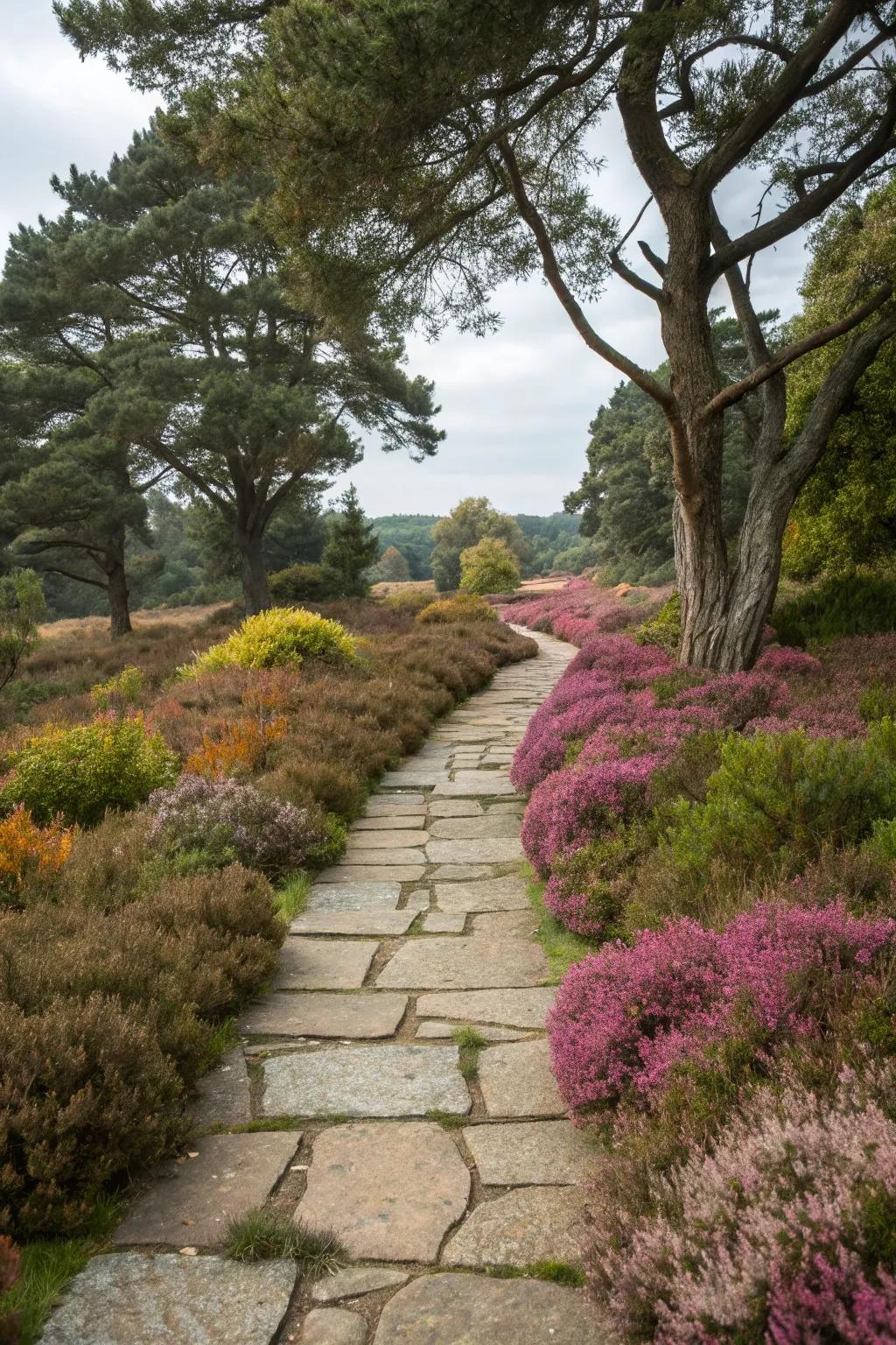 A classic stone path bordered by heathers.