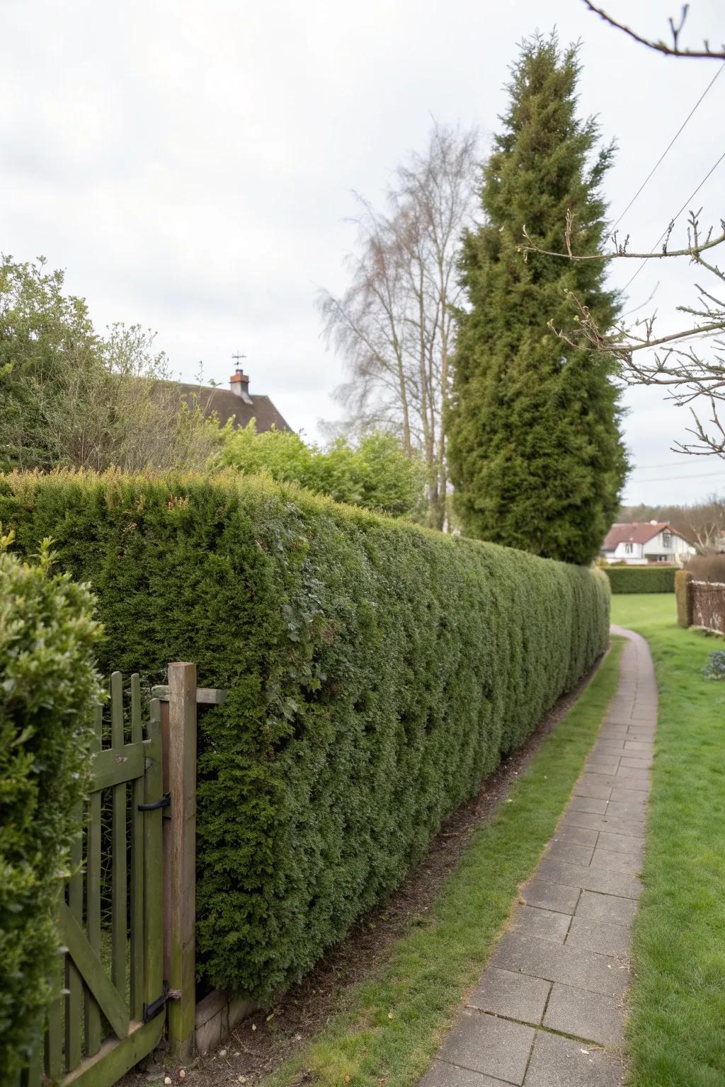 A hedge providing protection as a windbreak.