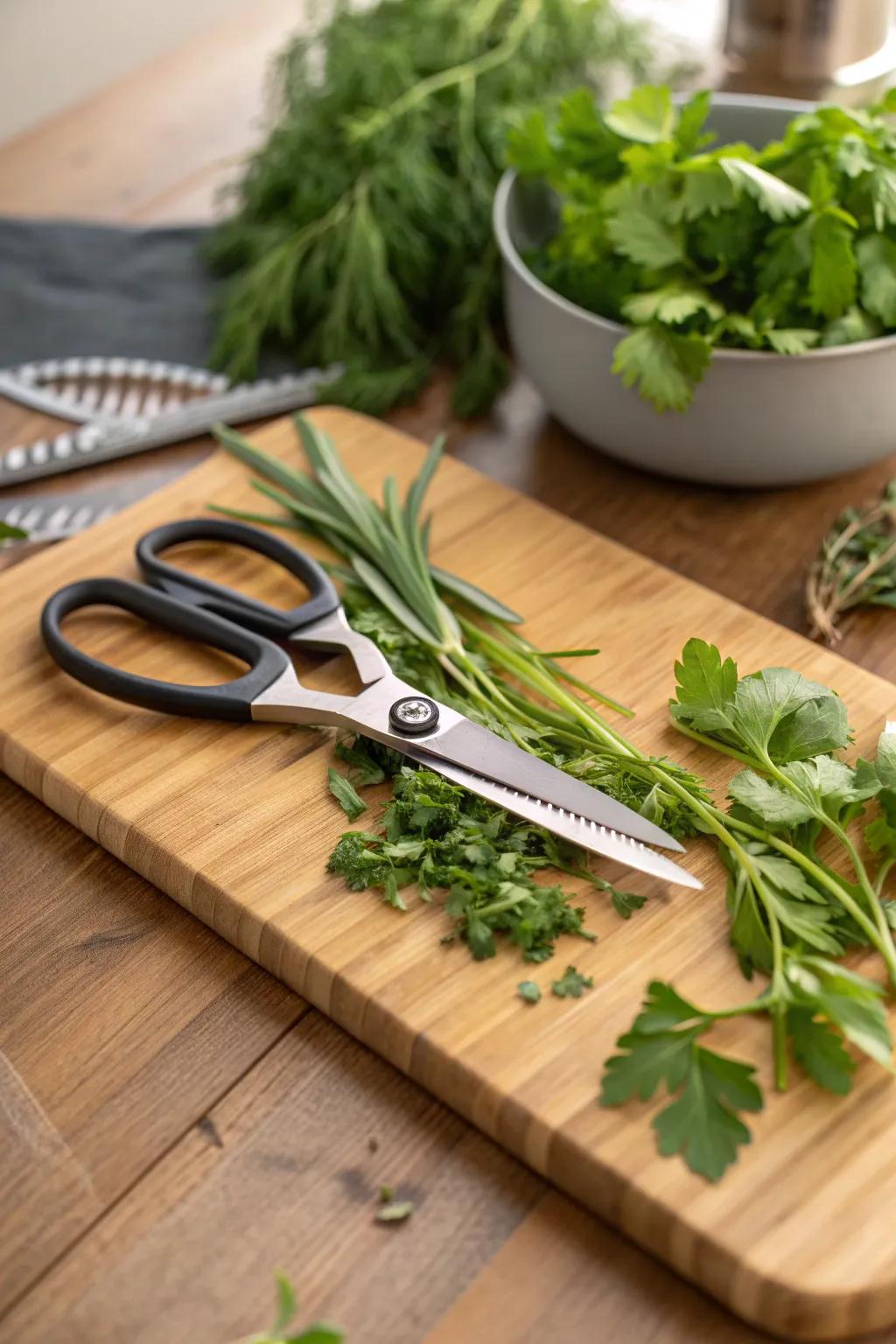Effortlessly cut herbs with multi-blade scissors.