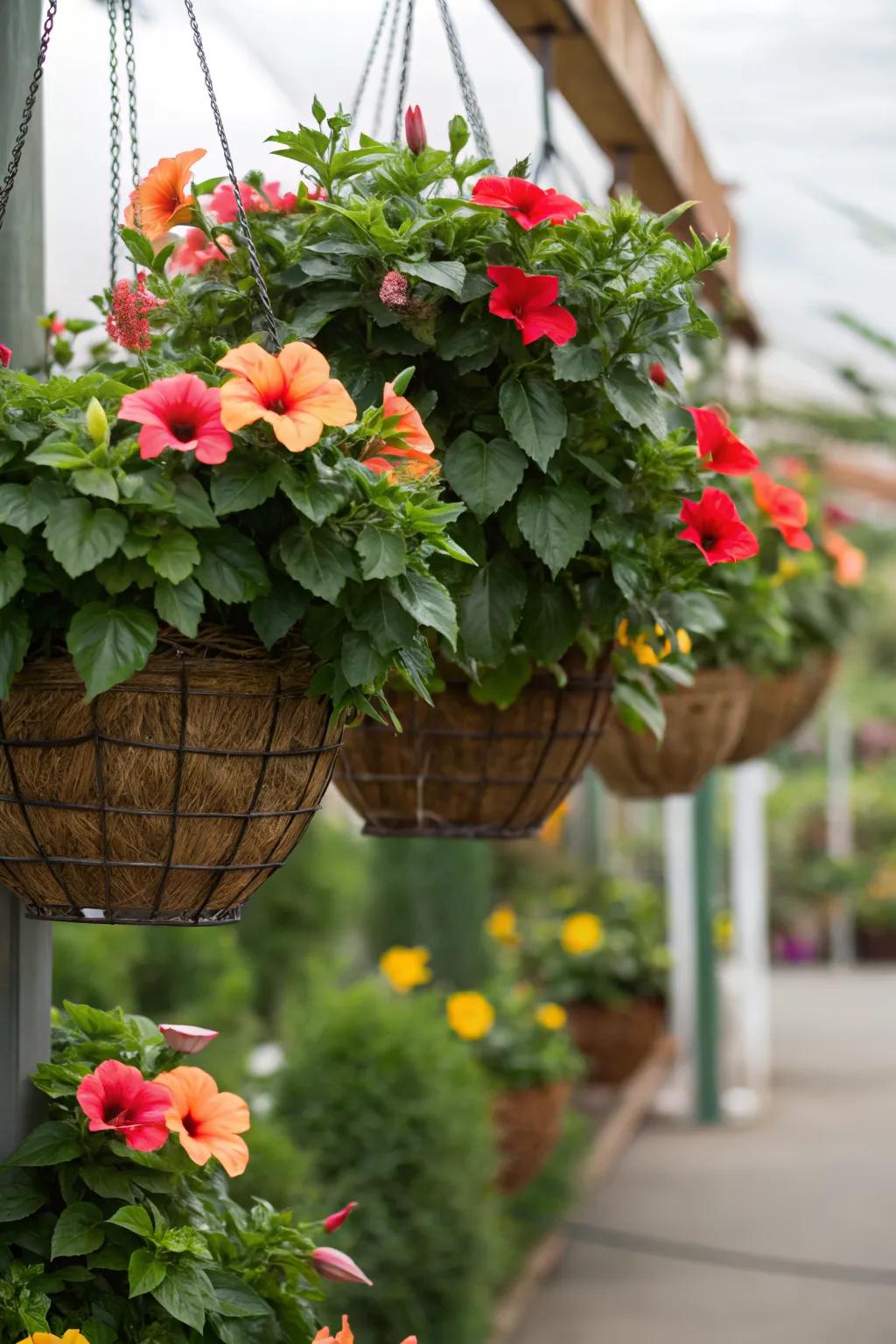 Elevate your garden with visually striking hibiscus hanging gardens.
