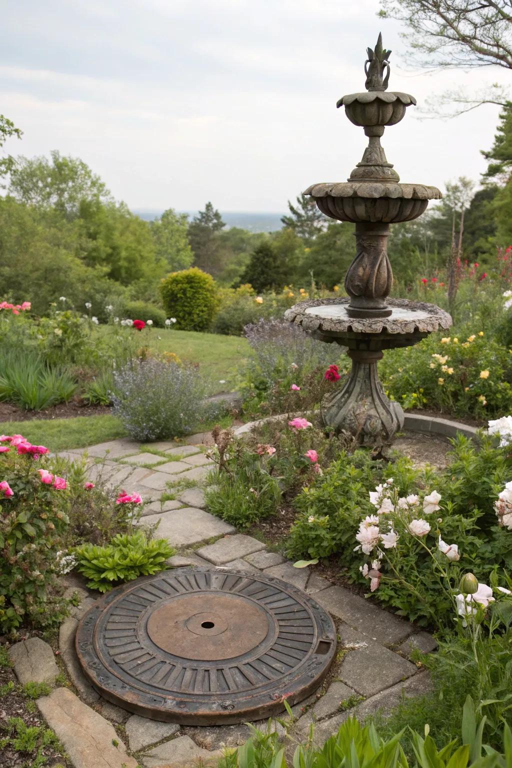 Garden sculptures offer an artistic way to disguise septic tank covers with style.