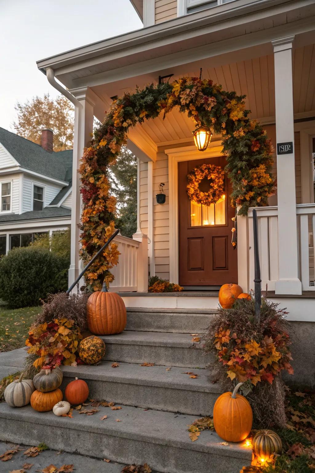 A high porch with charming seasonal decorations for autumn.