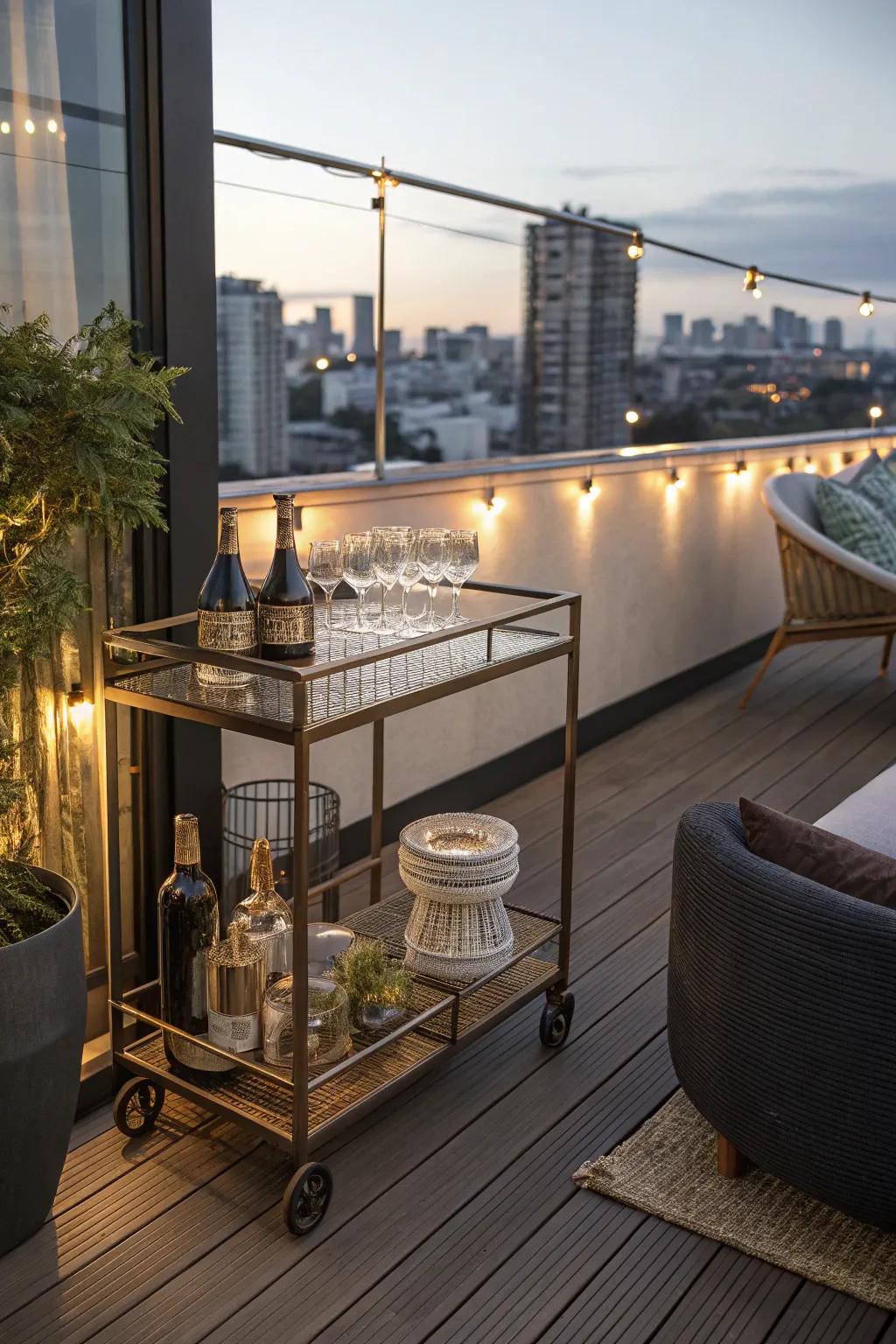A bar cart adds a touch of elegance and functionality to this balcony.