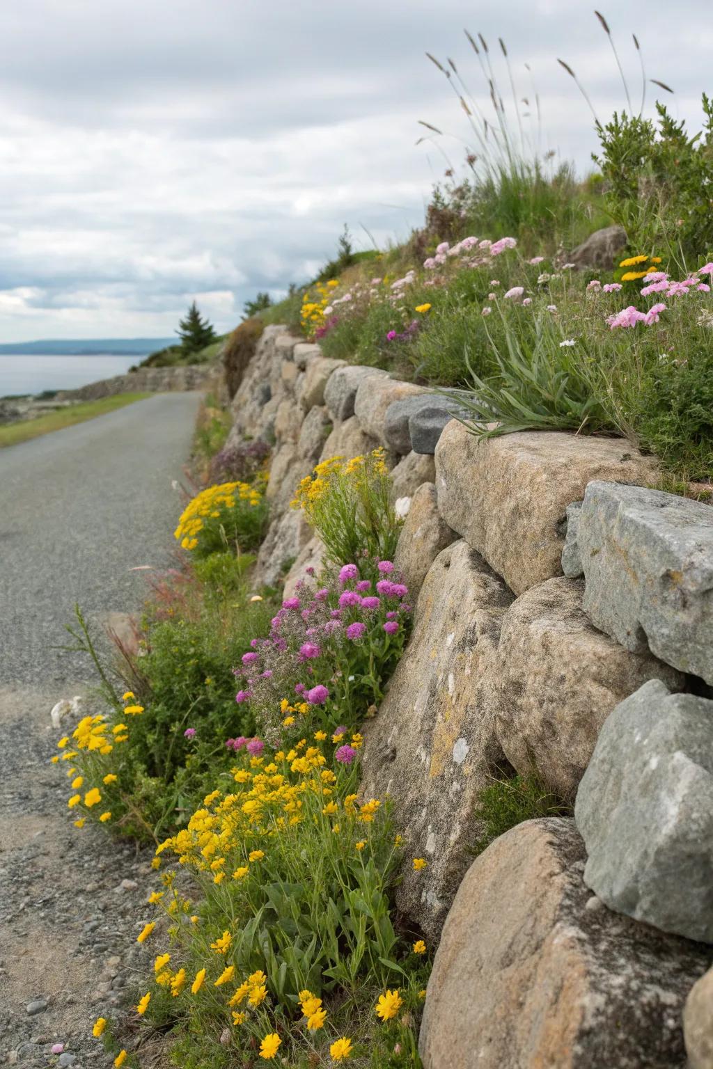 Wildflowers create a vibrant, natural tapestry on this boulder wall.