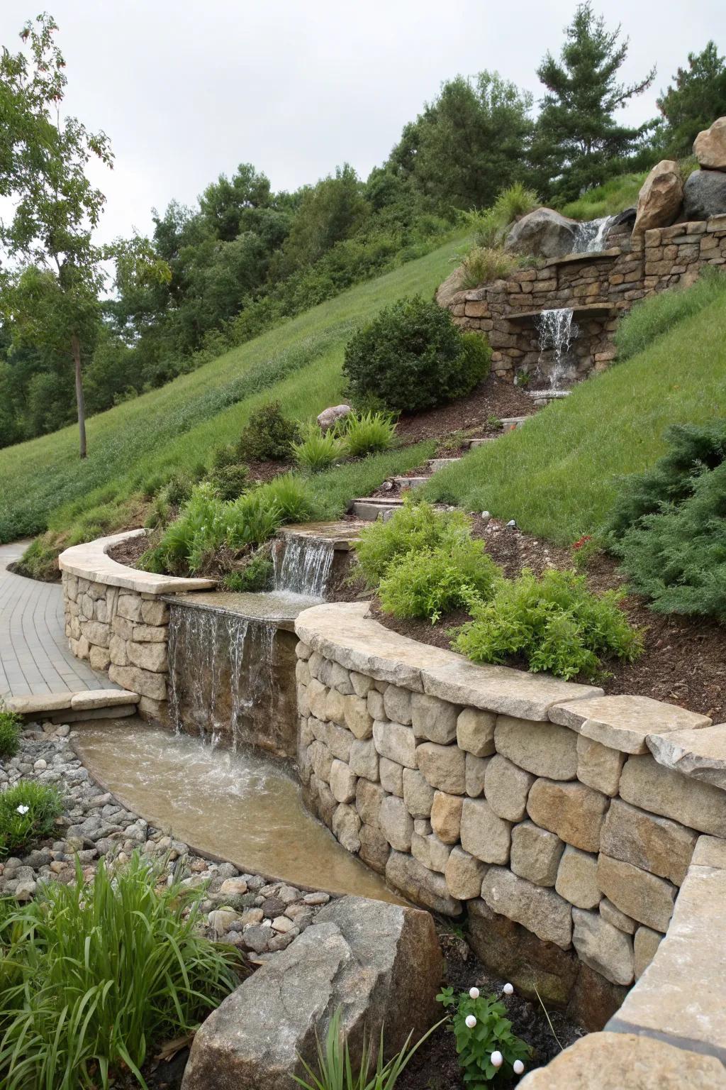 A waterfall adds a serene touch to hillside landscapes.