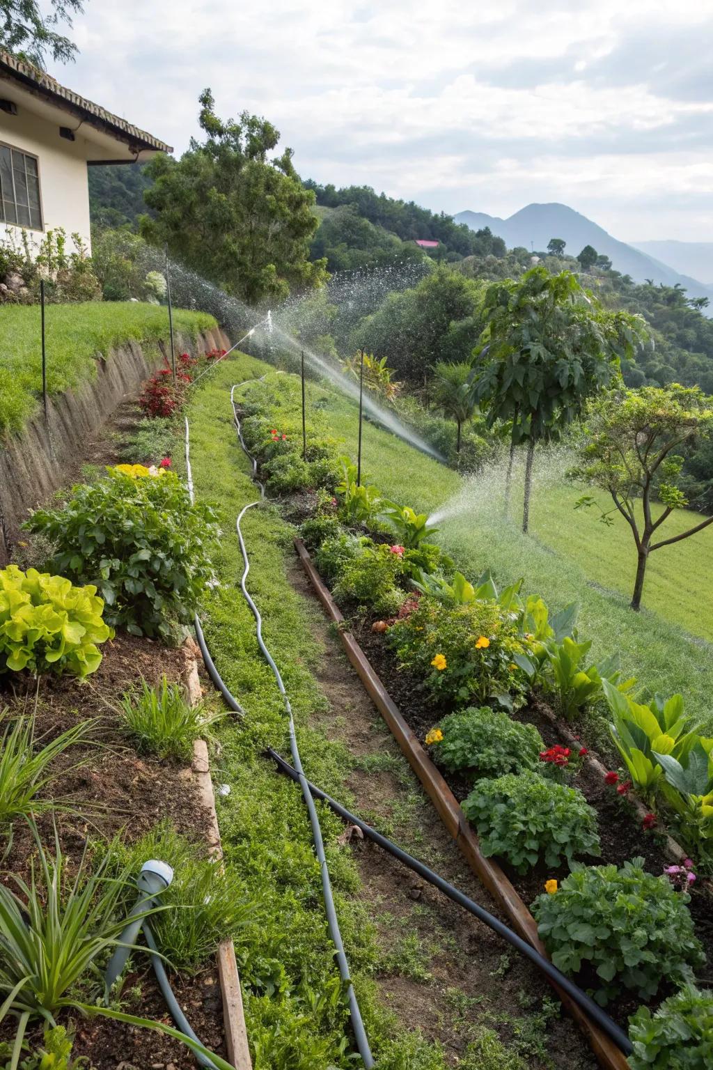 A drip irrigation system ensures efficient water use.