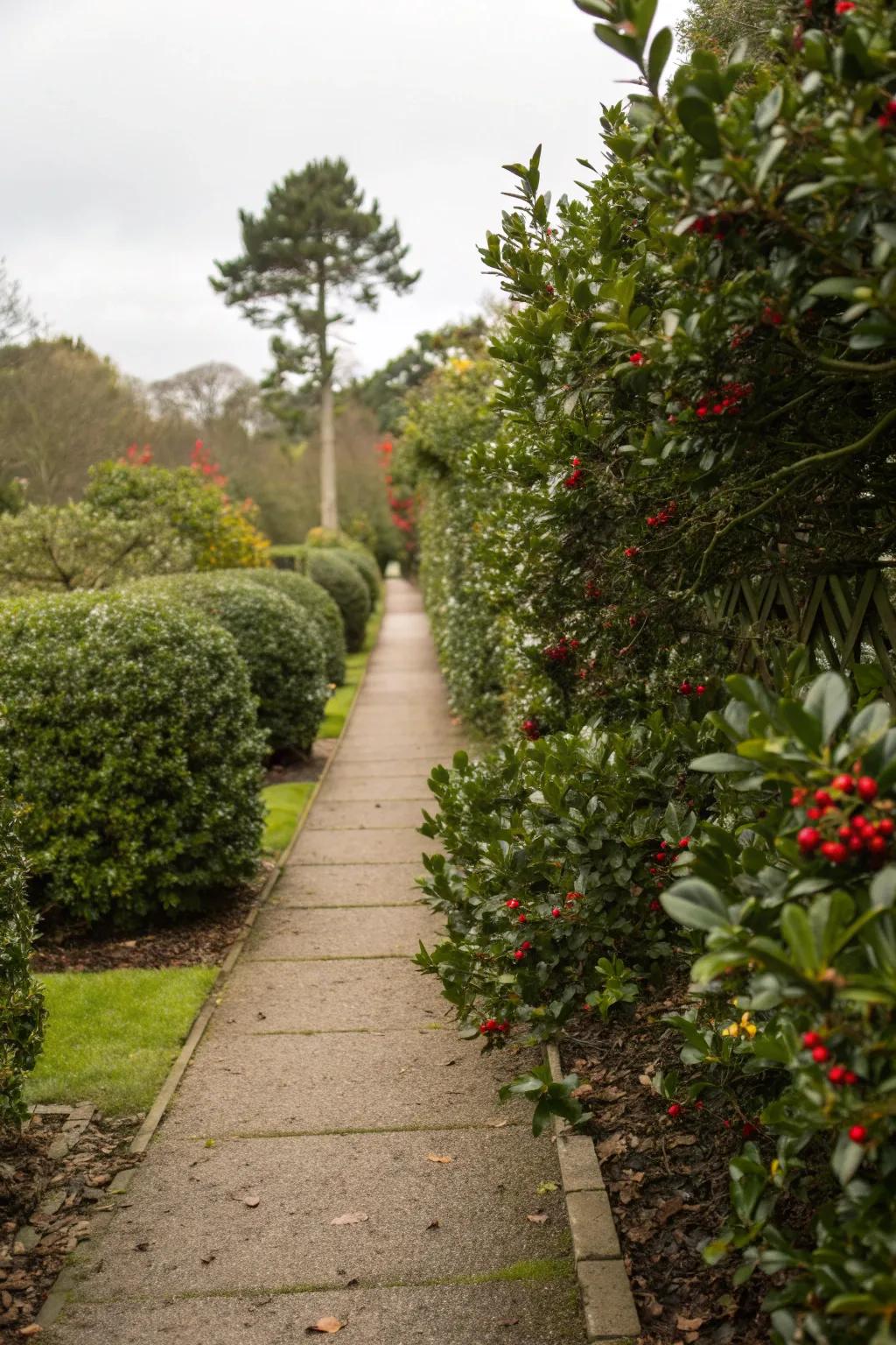 Holly bushes lining a garden path.