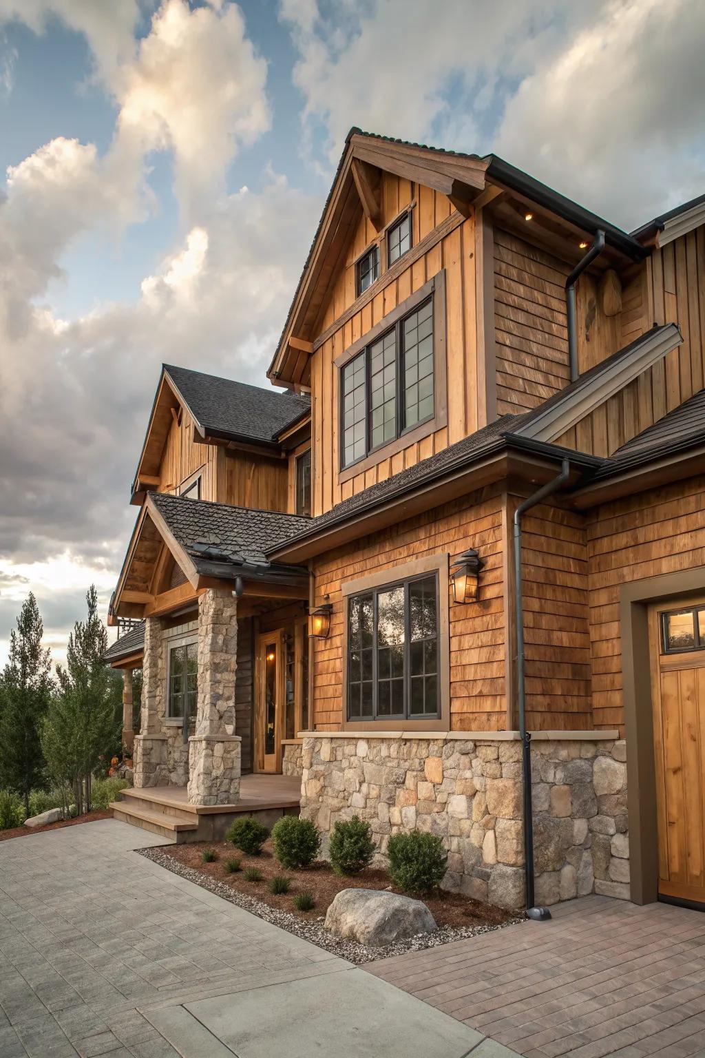 Natural wood and stone accents adding warmth and texture to the home's exterior.