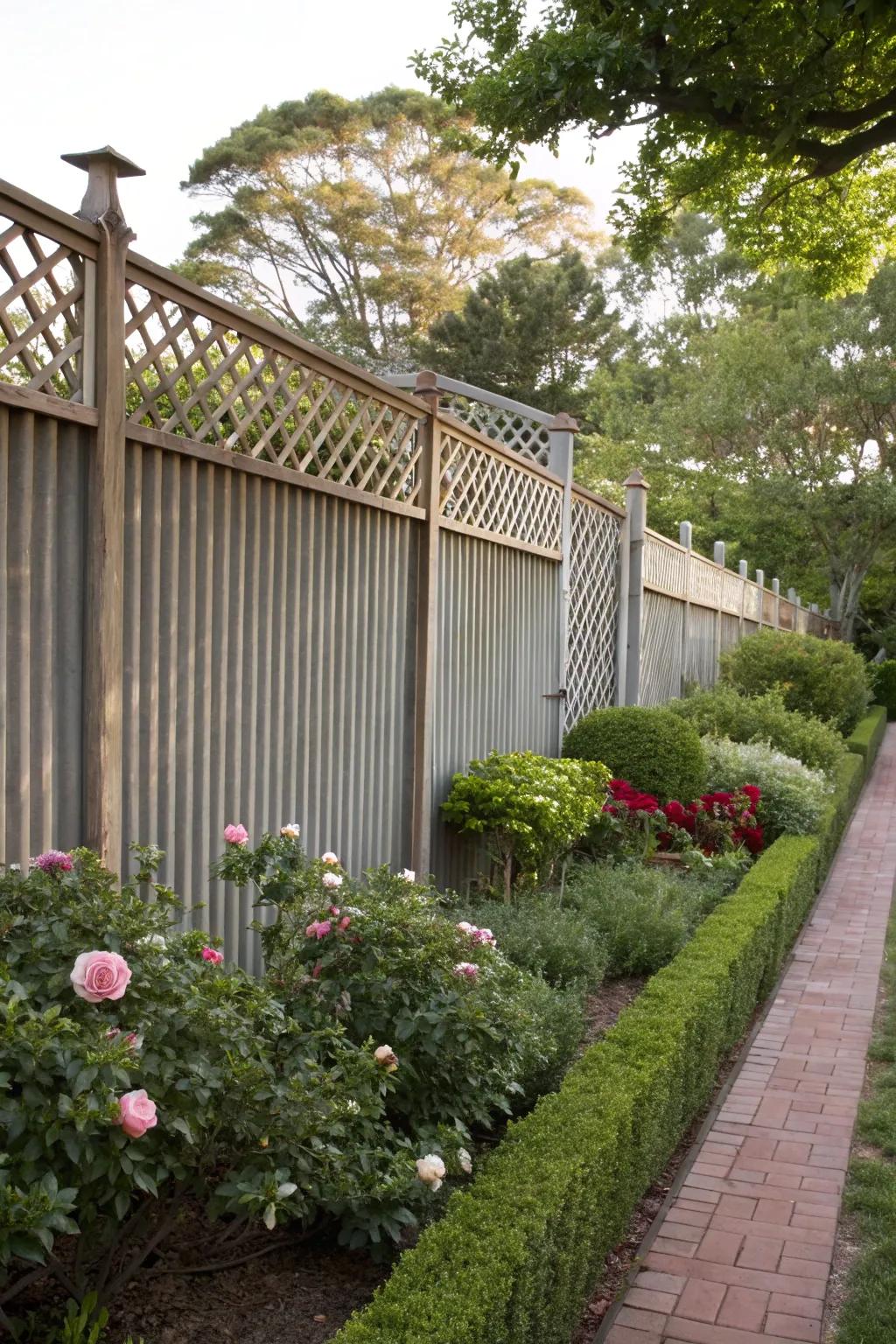 A lattice top adds privacy and elegance to a horizontal corrugated metal fence.