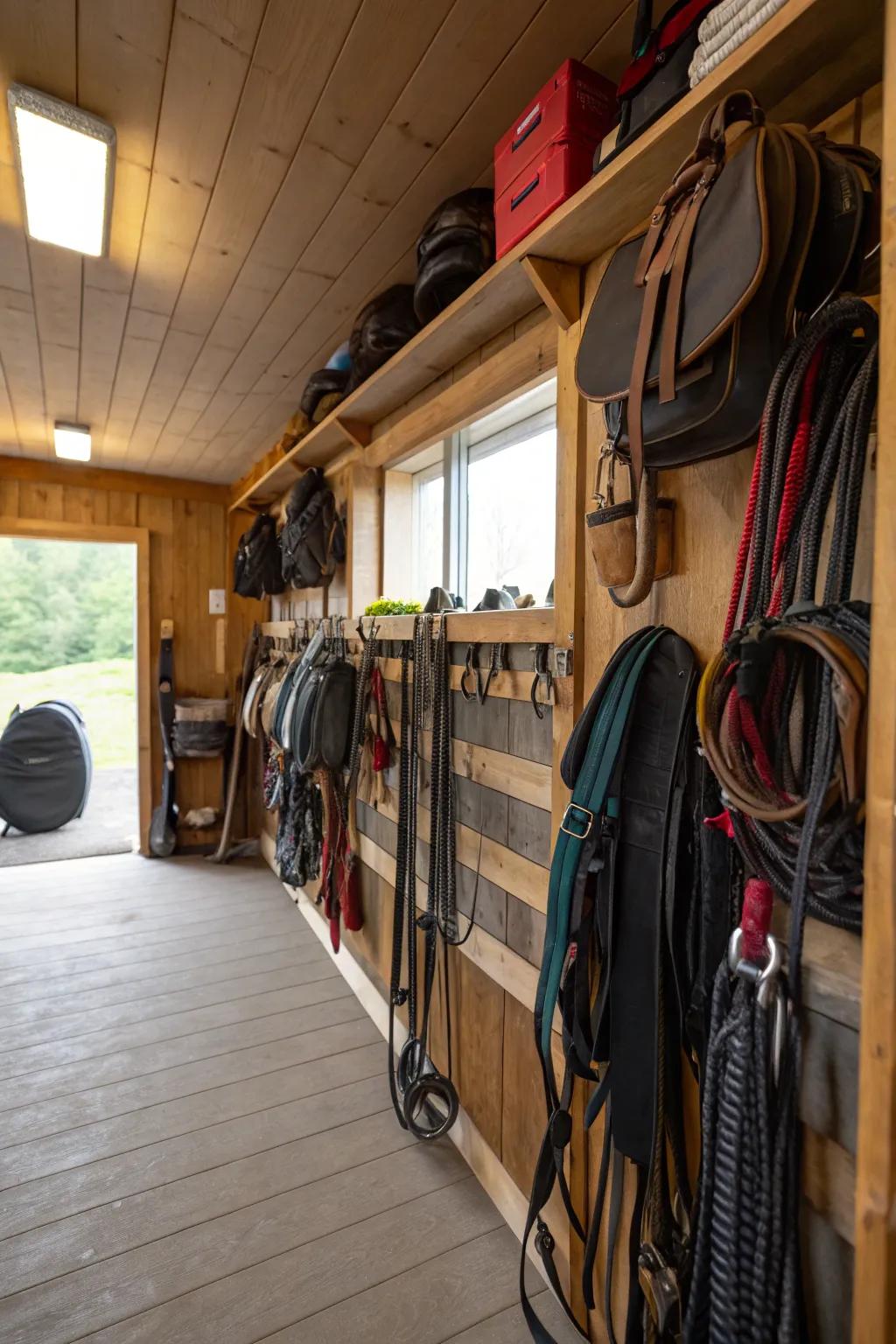 Neatly organized tack room for easy access