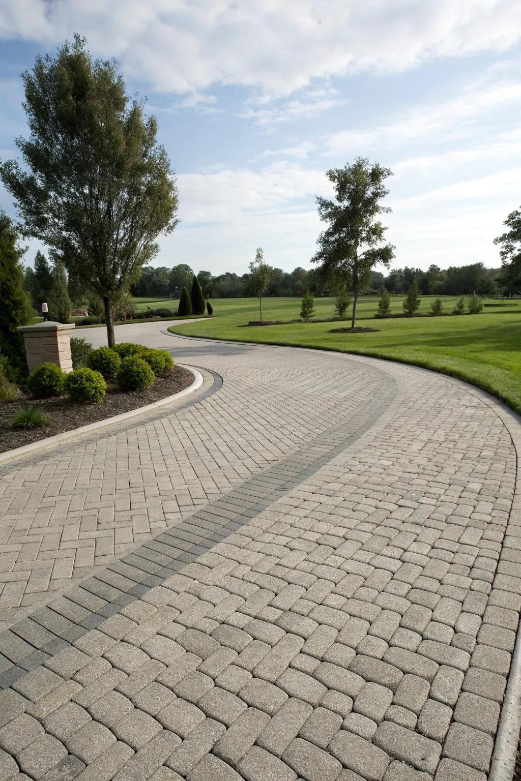A modern horseshoe driveway with interlocking paver patterns.