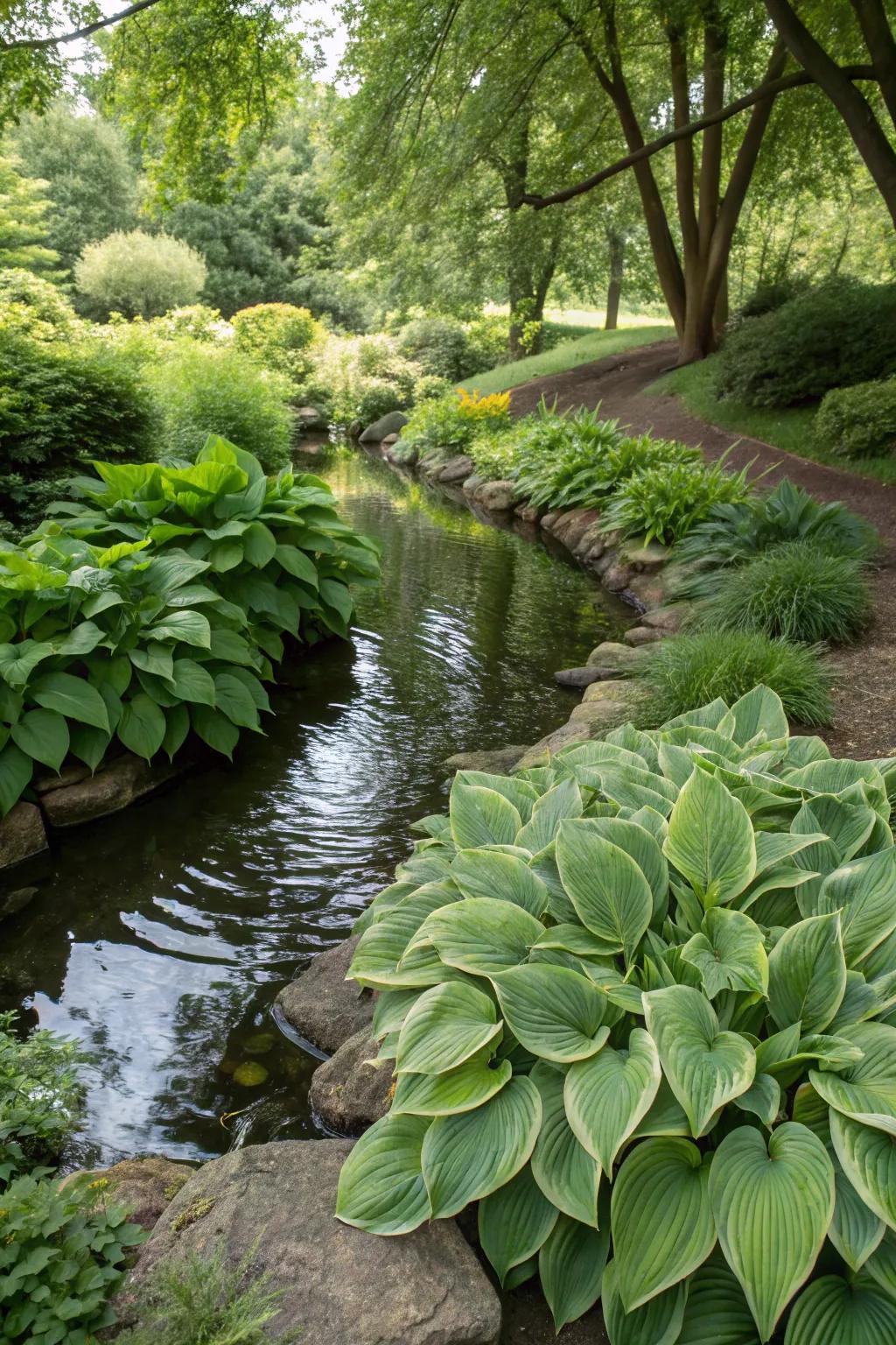 Hostas soften the edges of water features with their lush foliage.