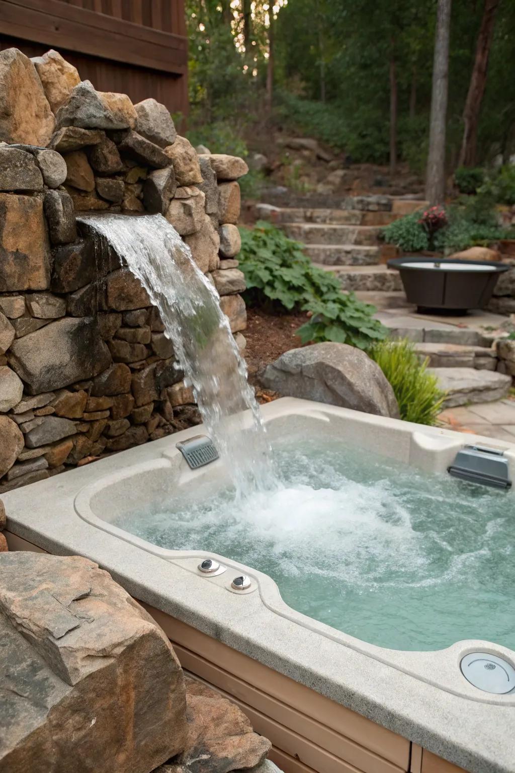 Waterfall features add a luxurious, spa-like ambiance.
