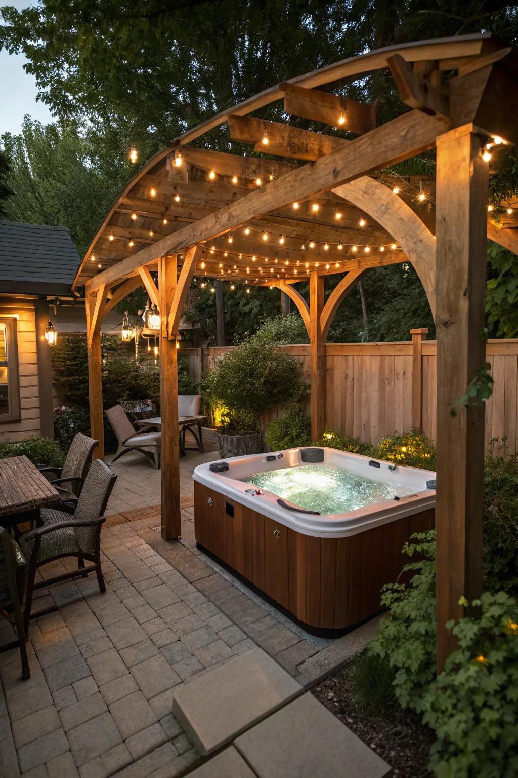 Welcome charm with rustic wooden arches over your hot tub.