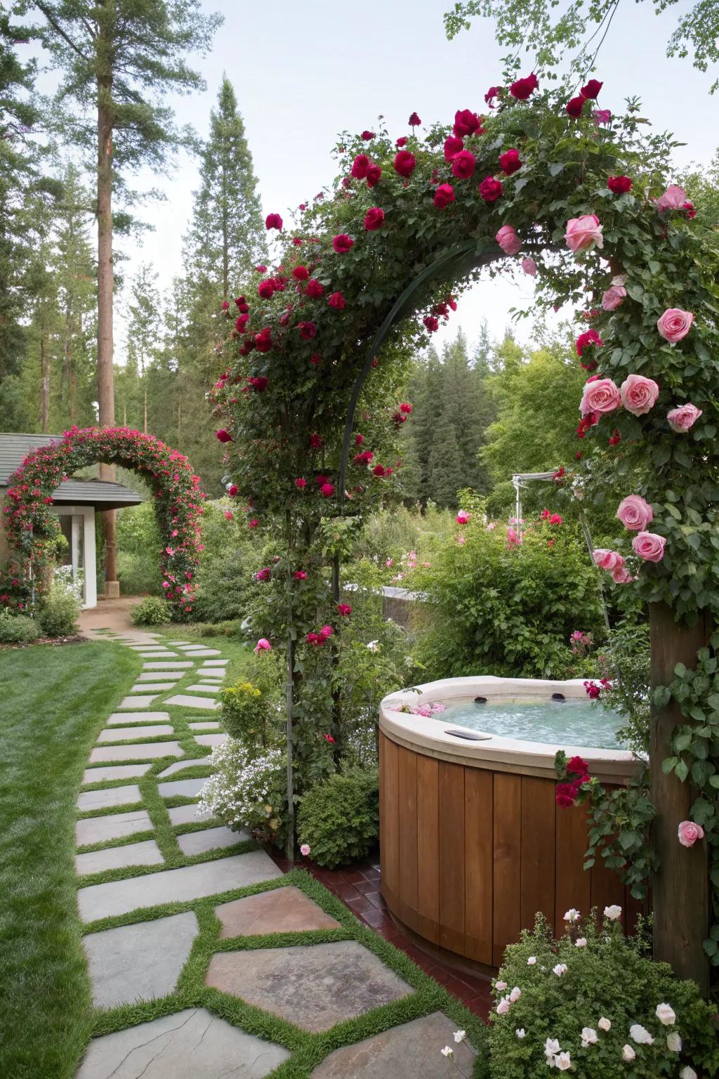 A garden archway adds a dramatic entrance to your hot tub area.