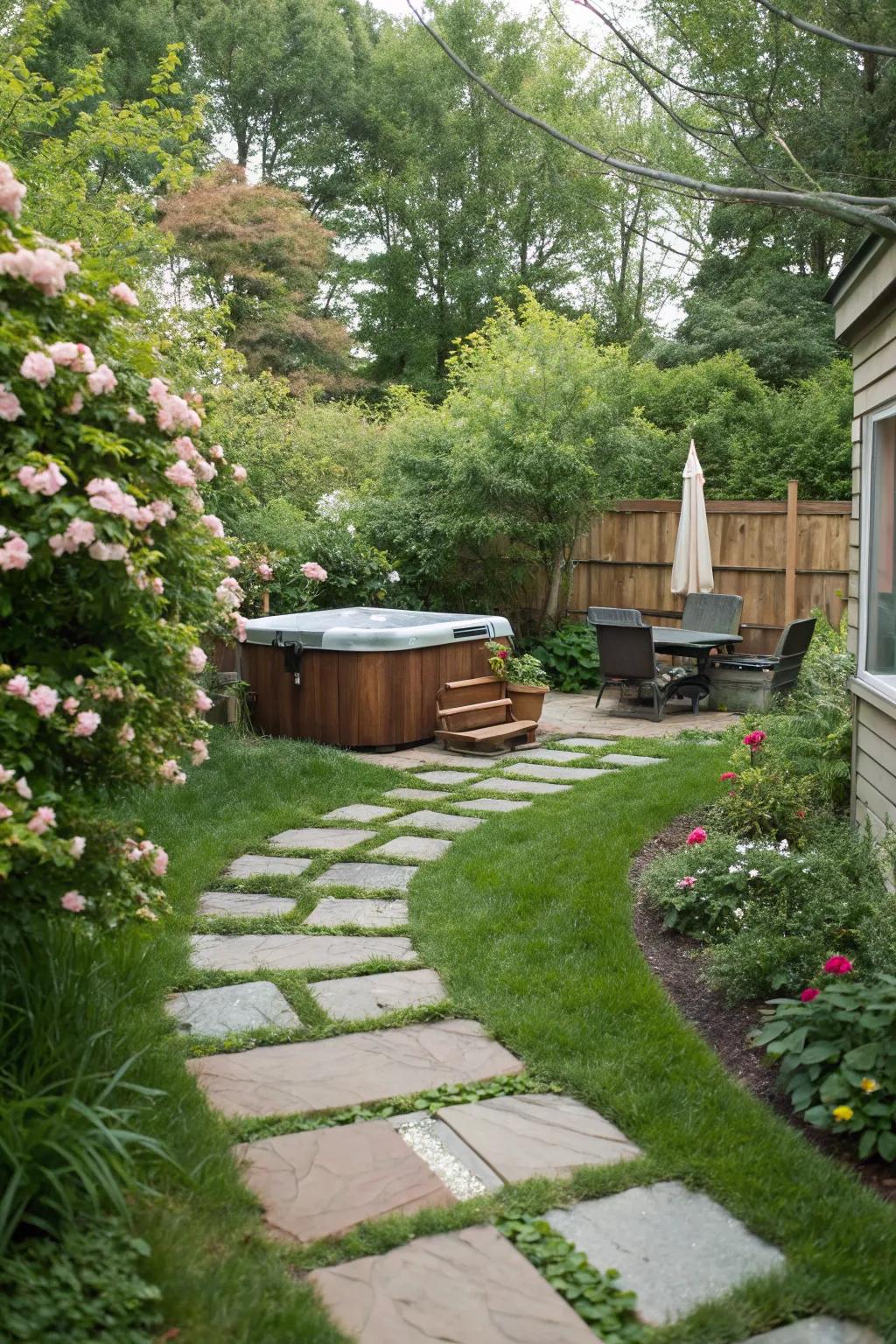 Garden pathways add elegance and structure leading to the hot tub.